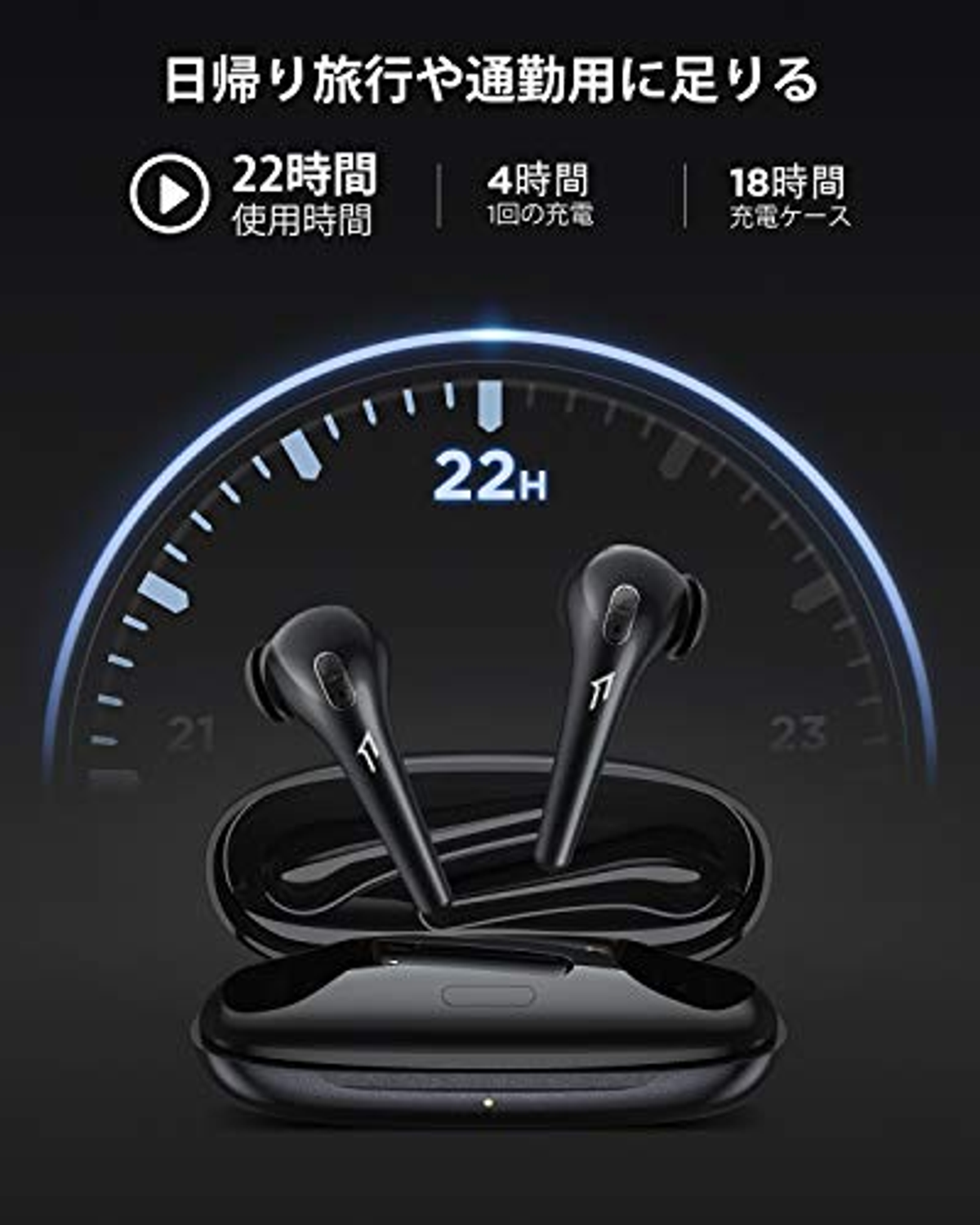 Auricolari wireless neri con custodia di ricarica. Display del tempo: 22 ore di utilizzo, 4 ore di carica, 18 ore di custodia.