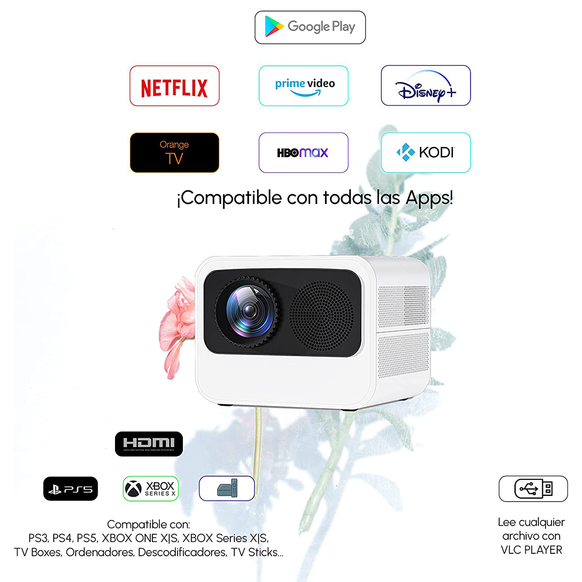 WALLACE Y6 Android PROYECTOR 4K, Beamer(HDR 9500 Lumen)