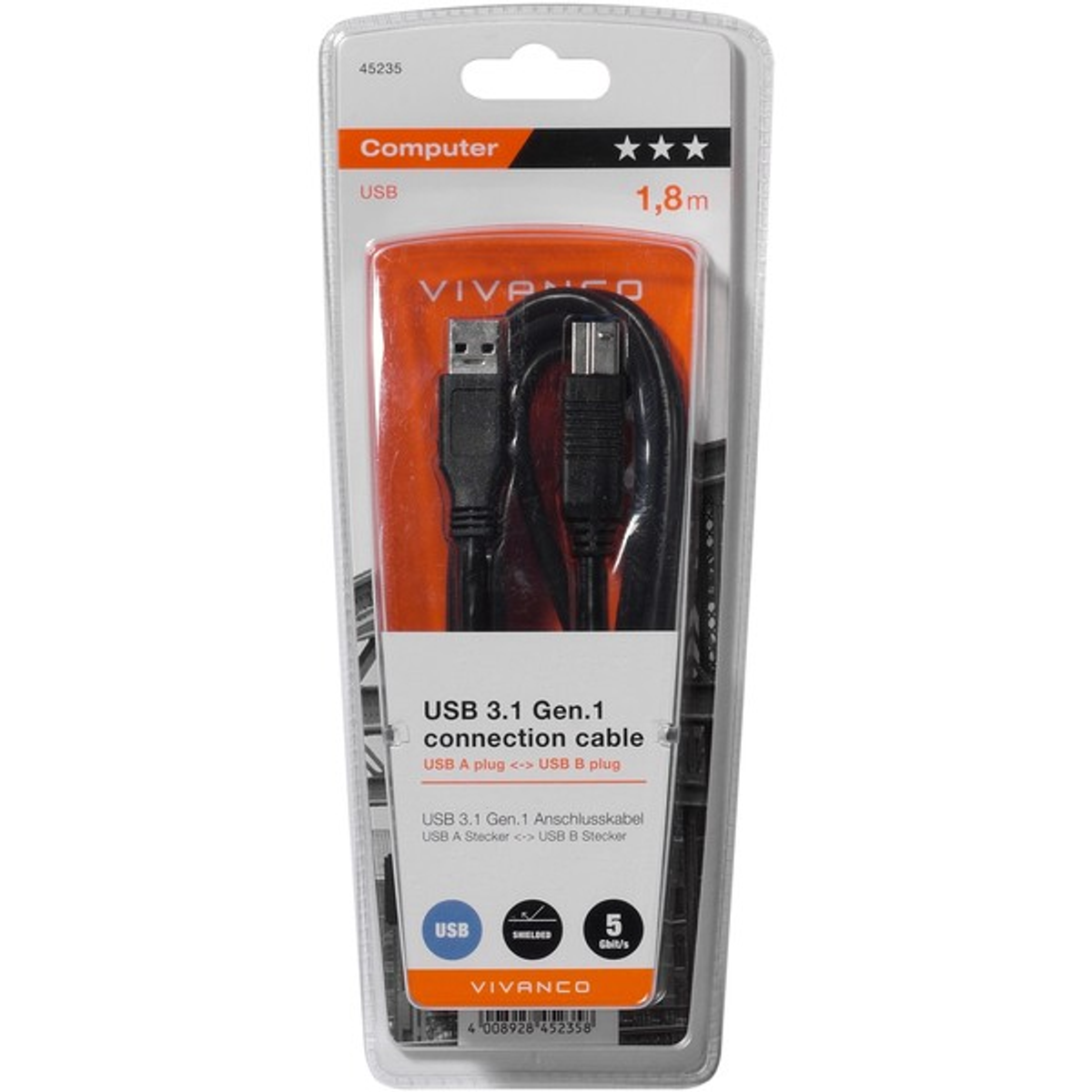 Cable USB en paquete. Cable negro, conectores USB A y B, embalaje naranja y blanco.