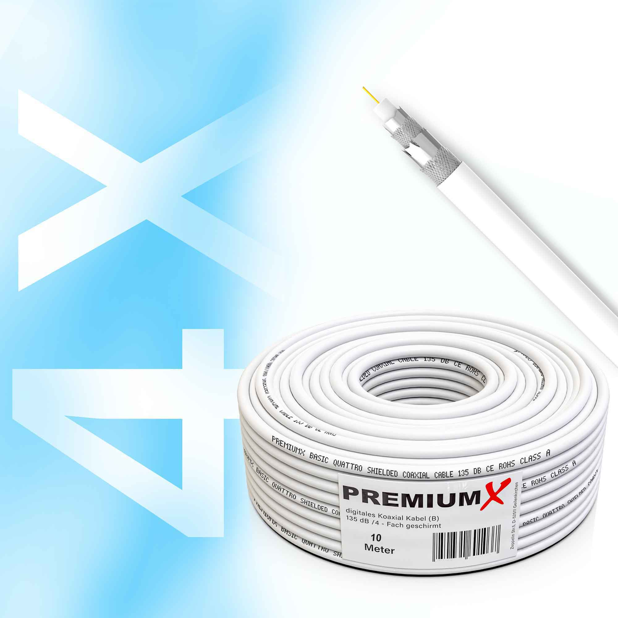 Eine weiße Koaxialkabelrolle und ein Kabelende mit PREMIUM-Logo.