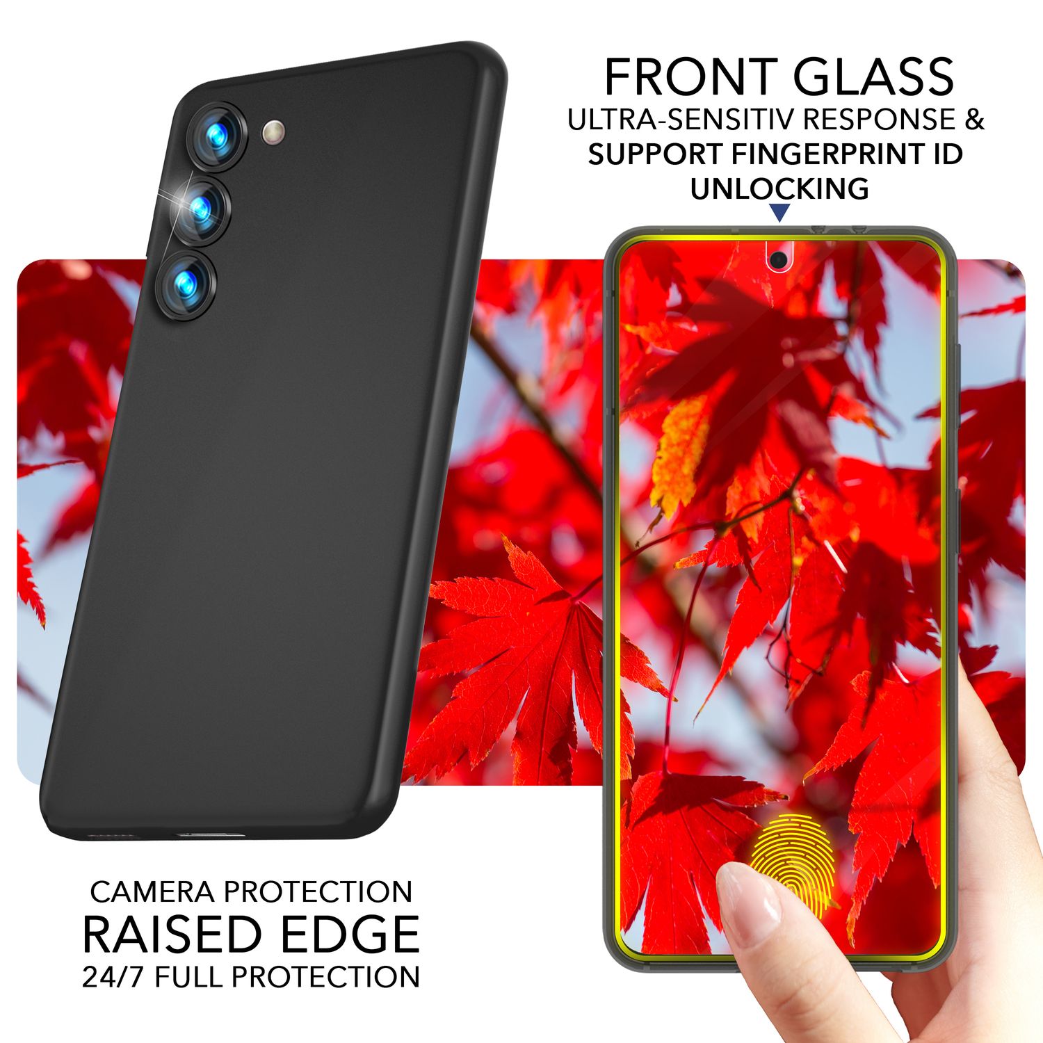 Schwarzes Telefon mit Kamera, rotem Blatt-Hintergrund und Fingerabdruck-ID-Funktion.