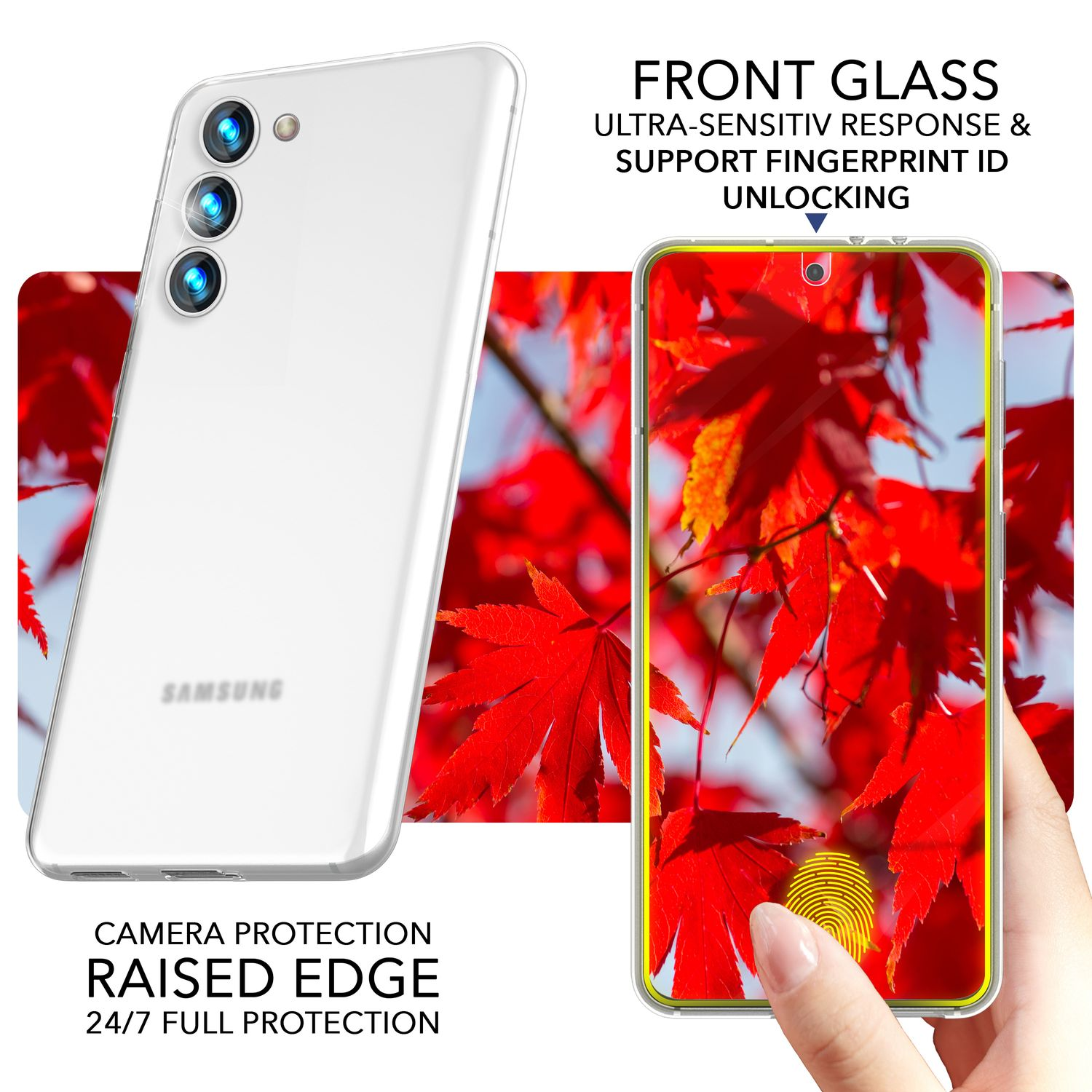 Ein weißes Telefon, Blätter mit roten Adern und ein Finger berührt den Bildschirm für Fingerabdruck.