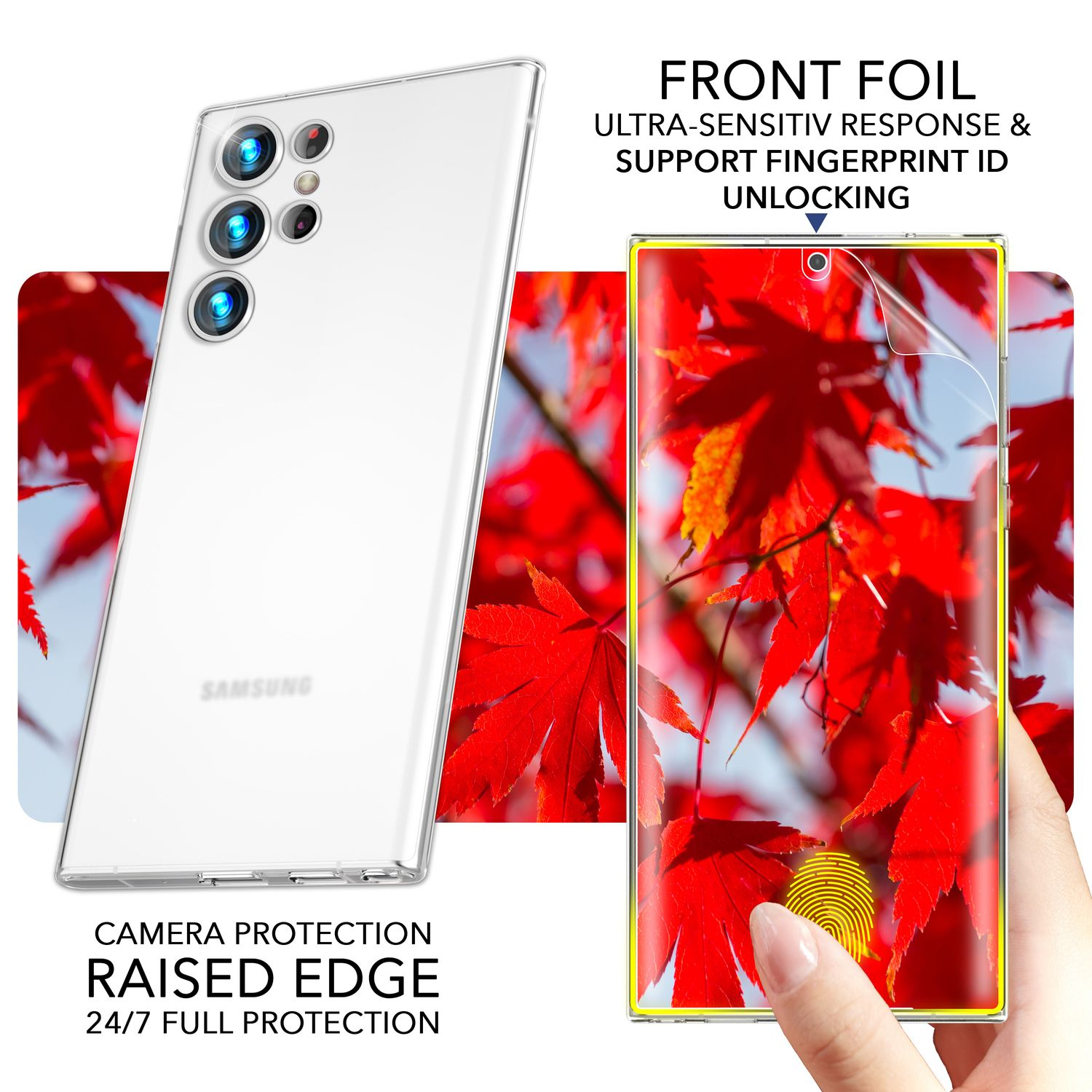 Ein Telefon mit klarer Hülle und Displayschutz. Rote Blätter im Hintergrund.