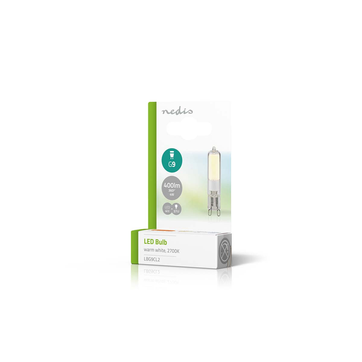 Opakowanie żarówki LED, z widoczną żarówką. Opakowanie ma kolory zielony i biały. Żarówka jest ciepła biała, 2700K.