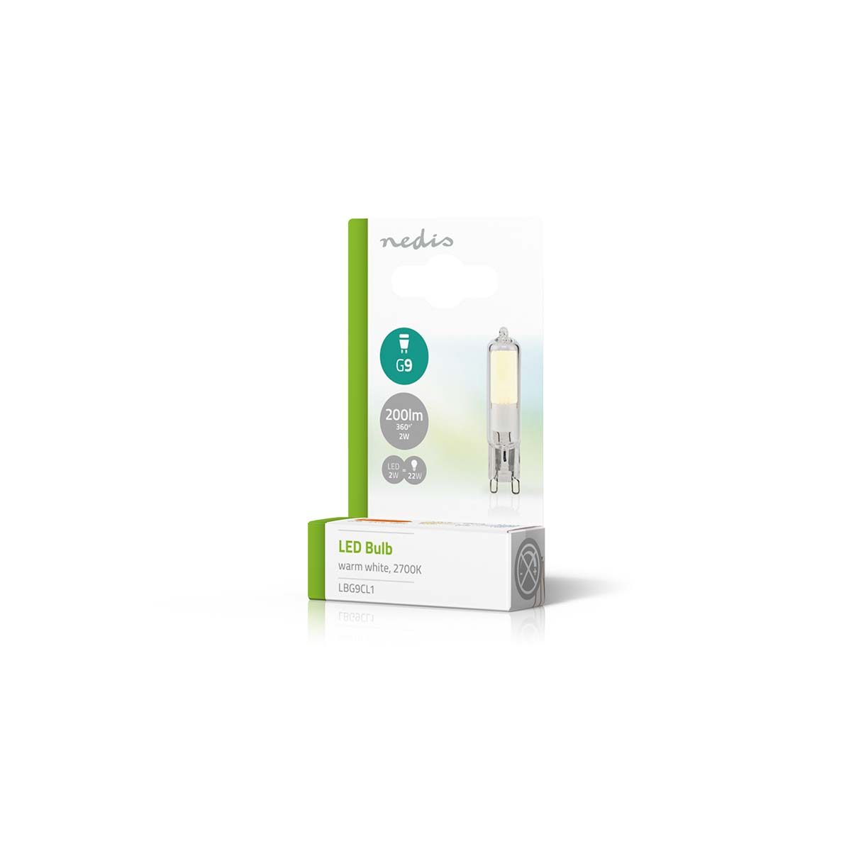 È mostrata una confezione per una lampadina a LED. La lampadina è visibile. È bianca e verde con testo come 'LED Bulb' e '200lm'.
