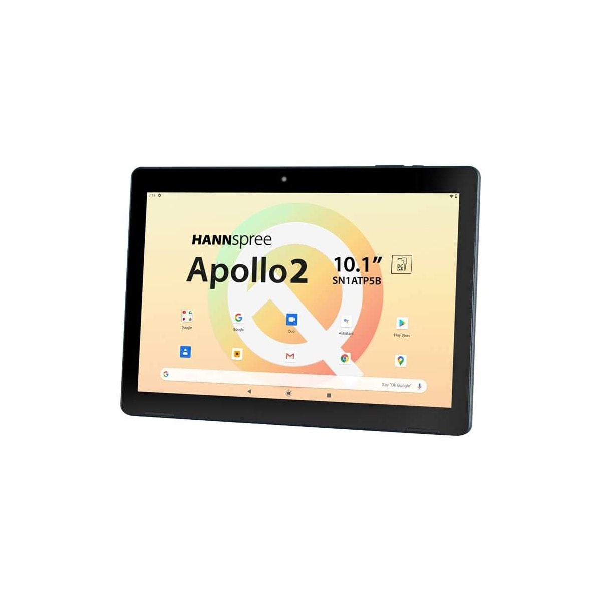 Czarny tablet z kolorowym ekranem wyświetlającym aplikacje Google. Tablet jest na białym tle.