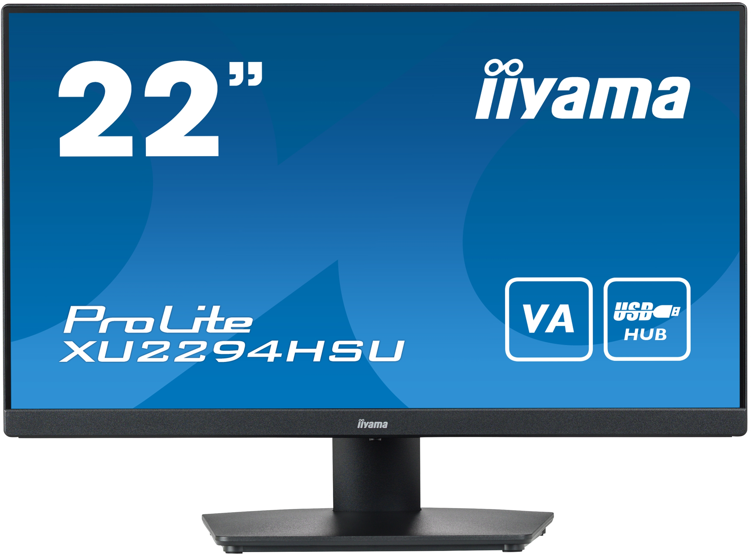 Monitor iiyama 22", cornice nera, schermo blu, testo bianco. Icone VA, USB HUB.