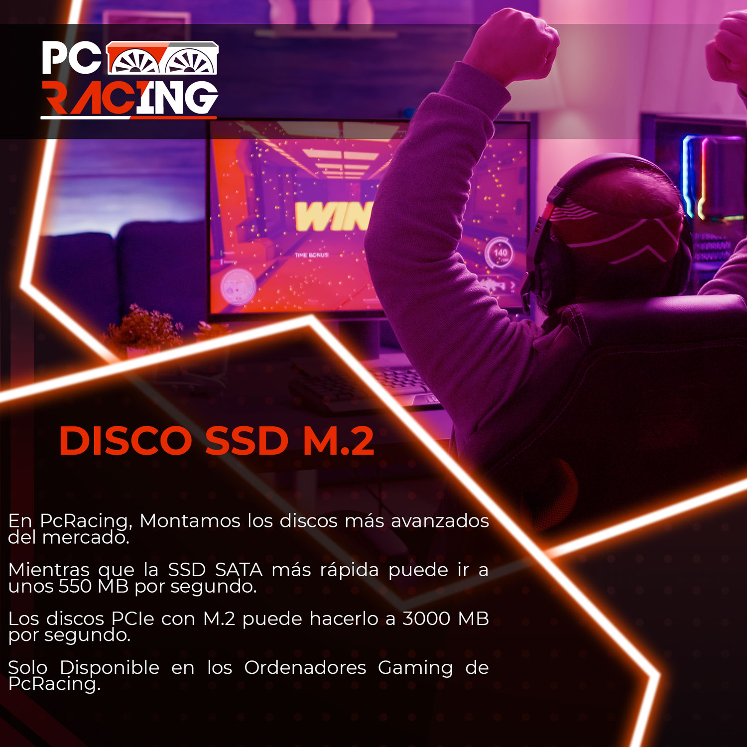 Uomo che festeggia davanti a un monitor che mostra un gioco. Linee al neon e sovrapposizione di testo.