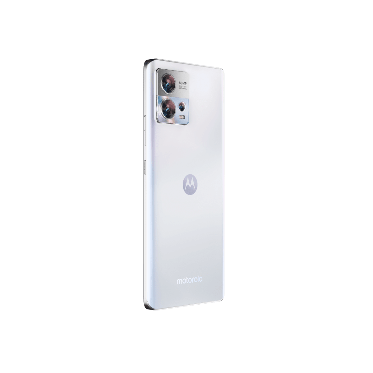 Weißes Motorola-Telefon mit mehreren Kameras und Motorola-Logo auf der Rückseite, vor weißem Hintergrund.