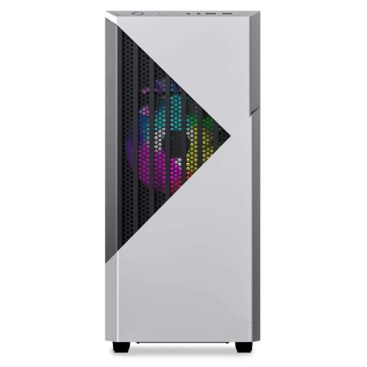 Caja de ordenador blanca con un panel de malla triangular. Luces de colores visibles a través de la malla.