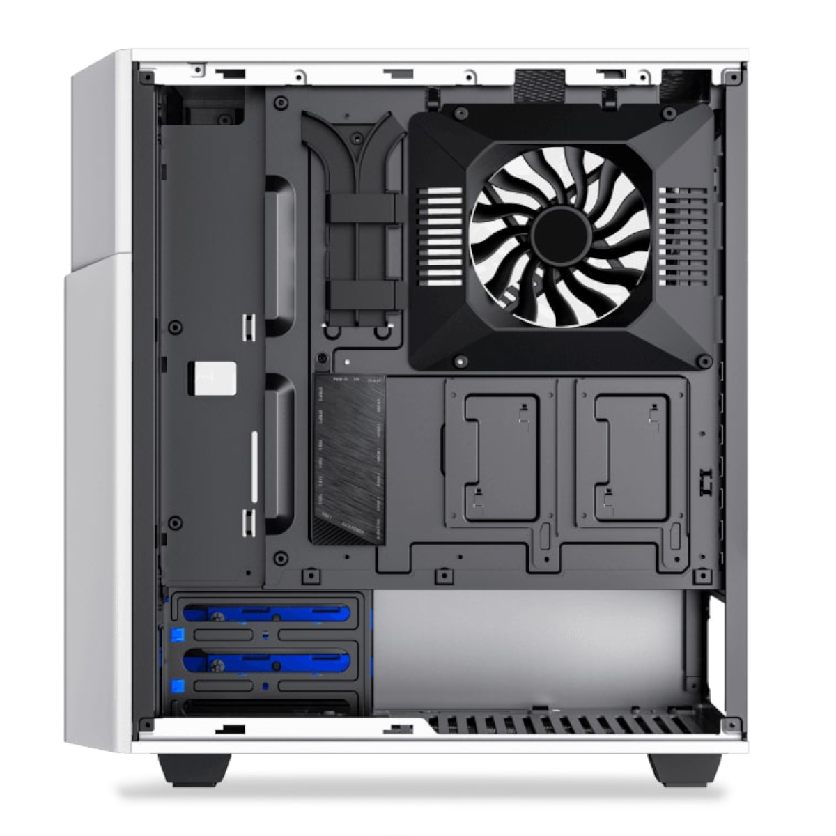 Interior de una caja de computadora blanca, revelando componentes como ventilador, bahías y puntos de montaje.
