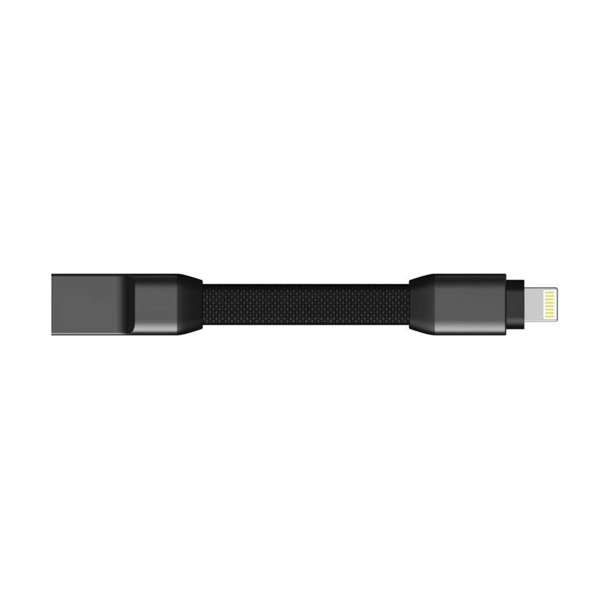 Schwarzes Ladekabel mit Lightning-Anschluss, horizontale Ansicht.