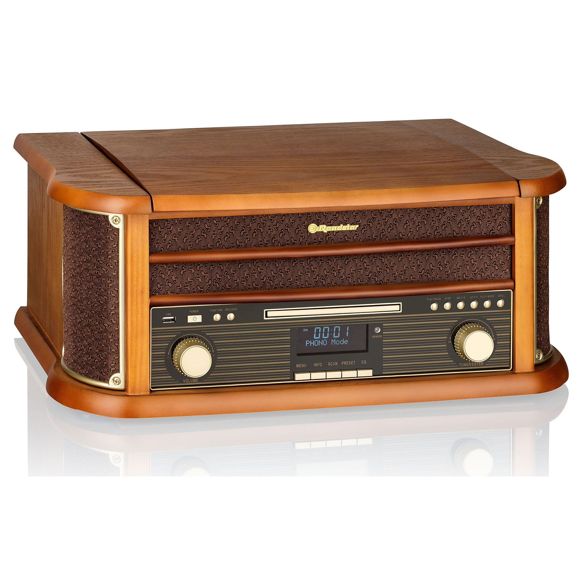 Radio de madera con reproductor de CD y pantalla. El fondo es blanco.