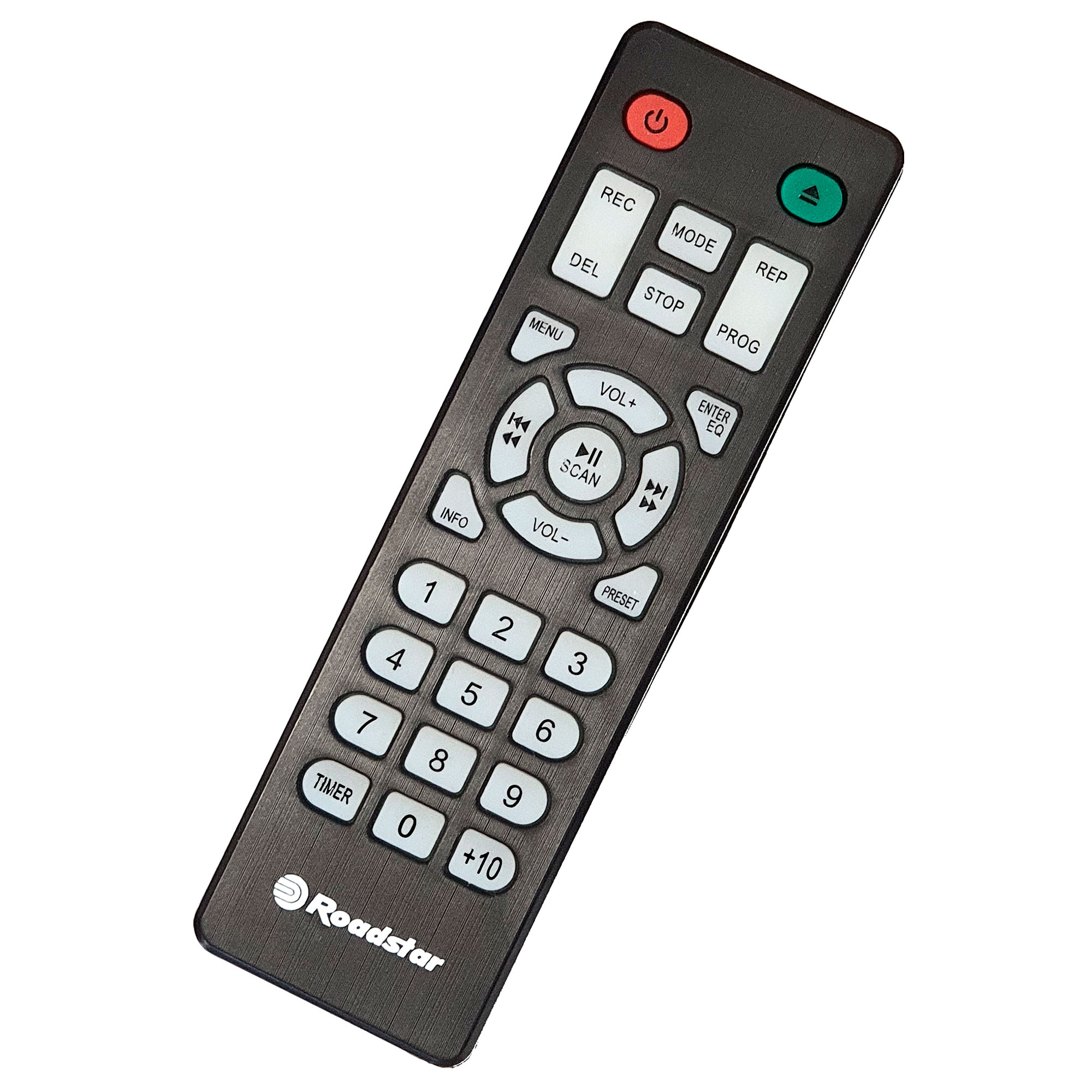 Czarny pilot z białymi przyciskami, pod kątem na białym tle.