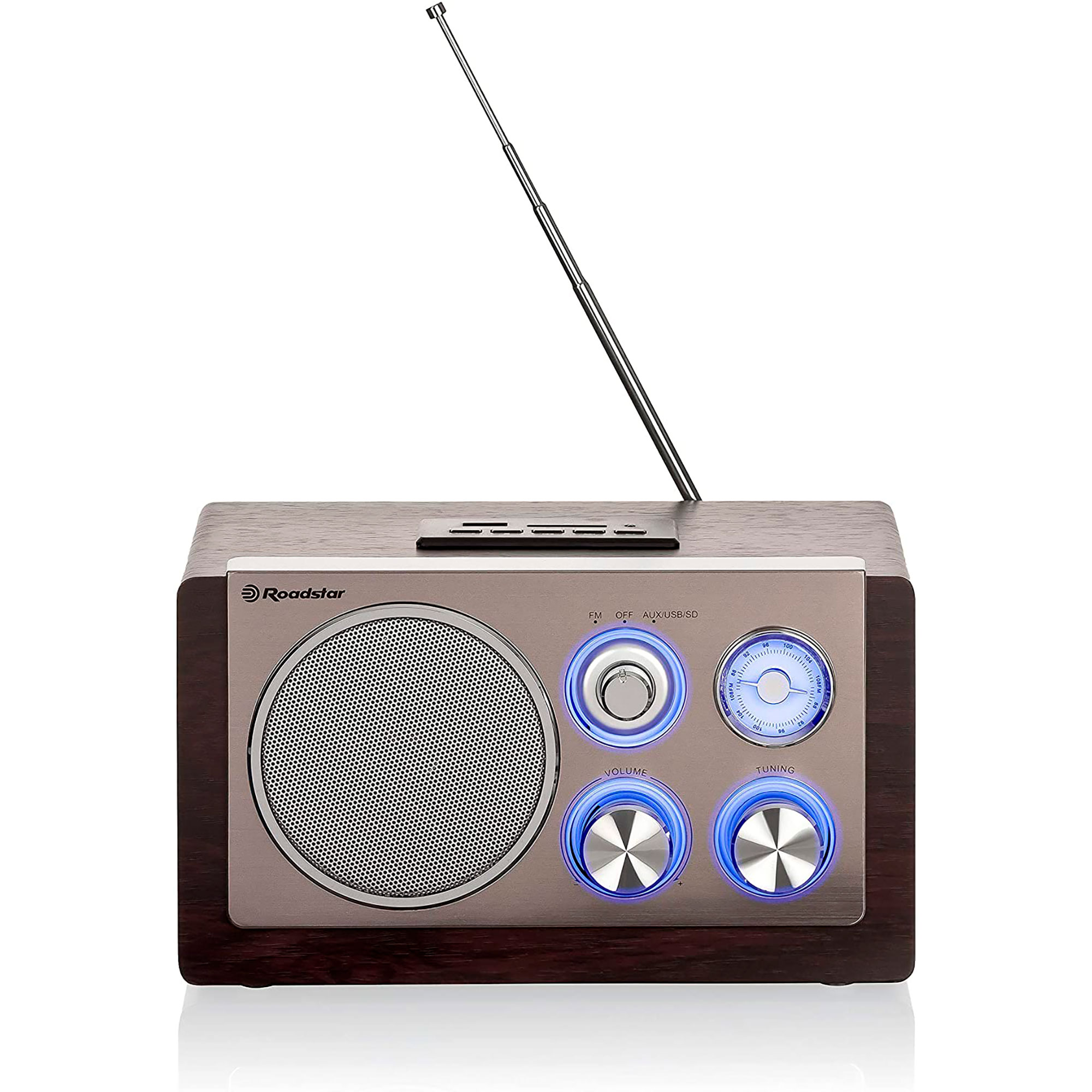 Ein braunes und silbernes Radio mit blau beleuchteten Bedienelementen. Das Radio hat eine Antenne.