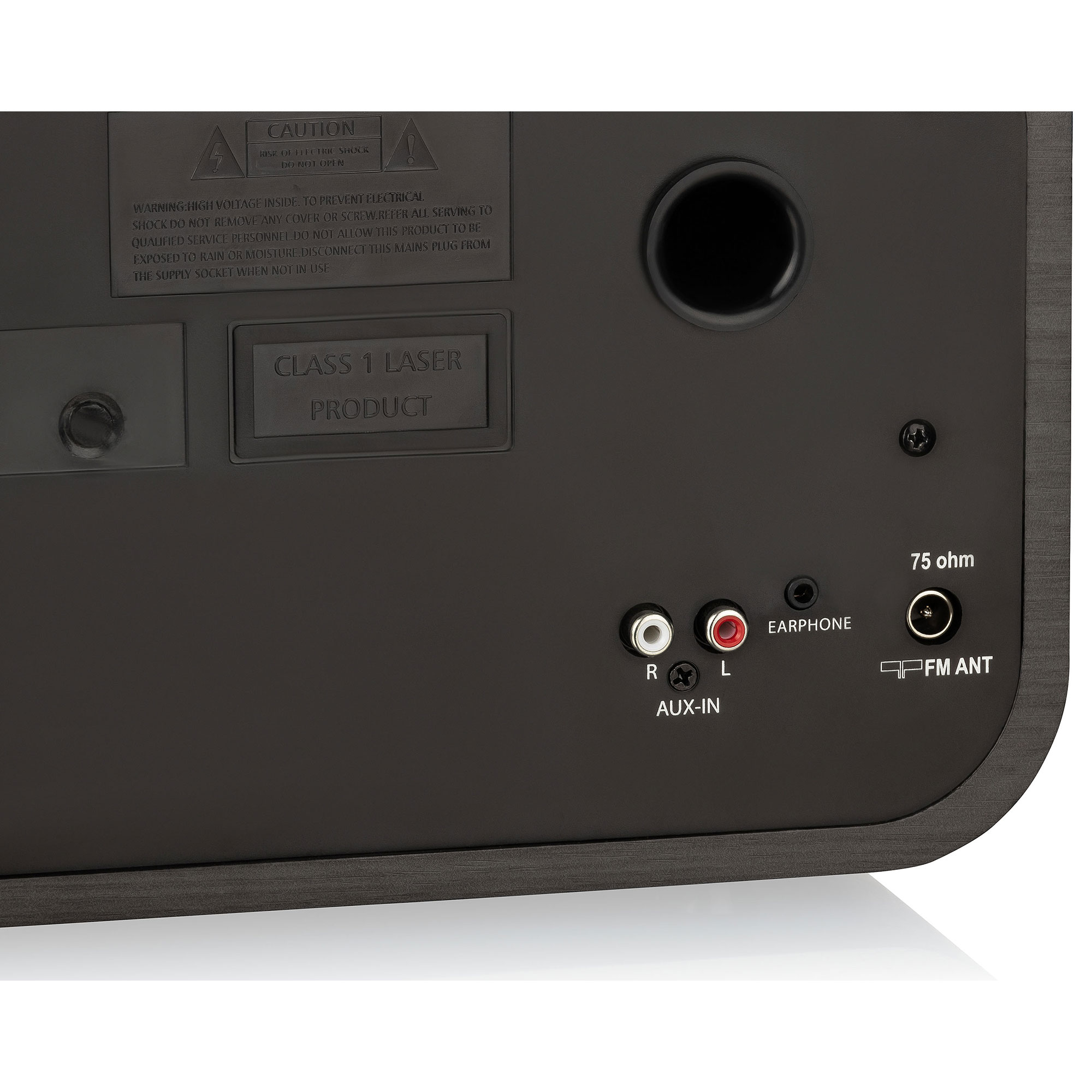 Panel tylny urządzenia z portami audio, etykietami ostrzegawczymi i portem antenowym.