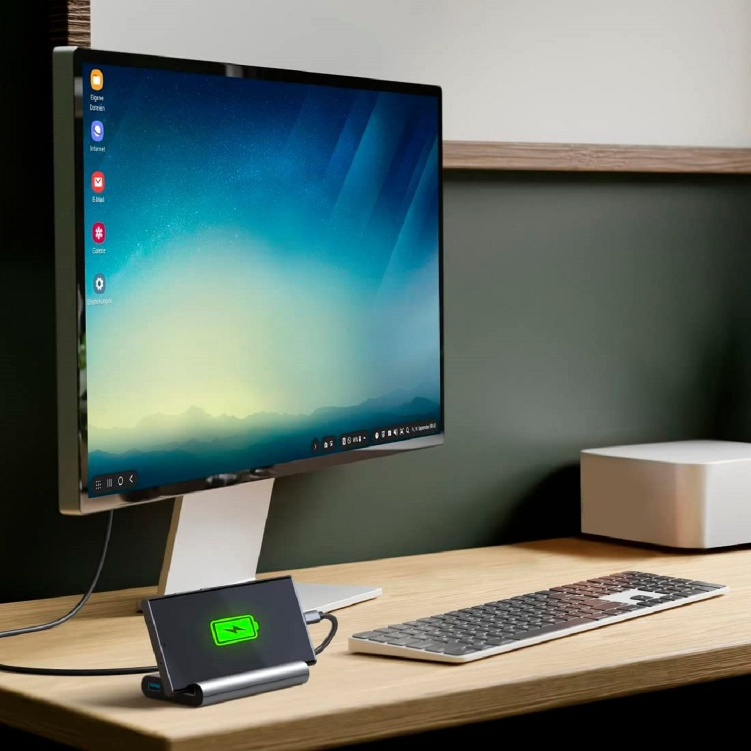 Configurazione computer con monitor, tastiera e dock di ricarica con icona batteria.