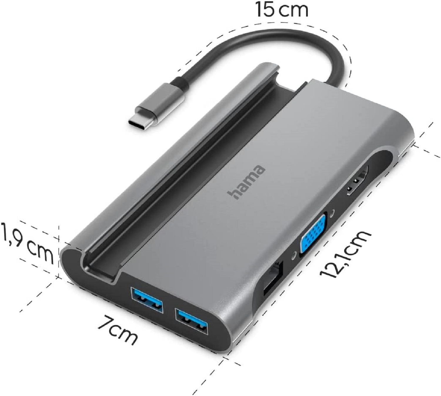 Un hub USB-C grigio con porte e dimensioni etichettate.