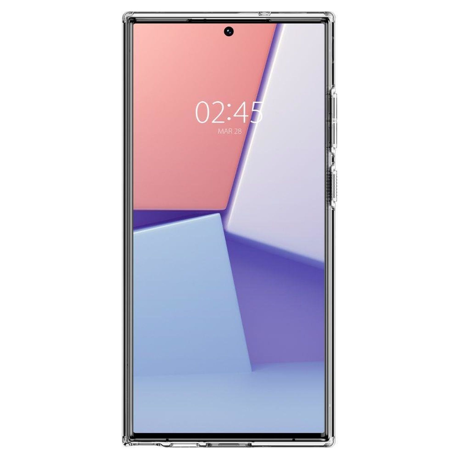 Eine transparente Handyhülle auf einem Telefon. Der Bildschirm zeigt einen bunten, abstrakten Hintergrund.