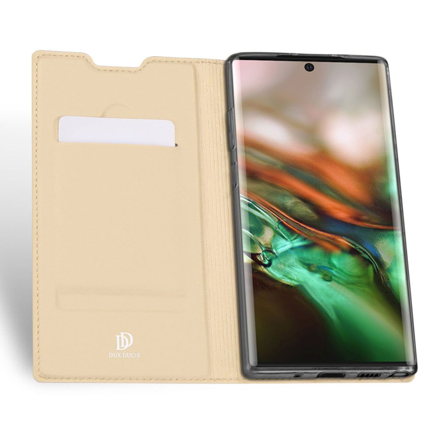 Tablet in einer beigen Hülle mit Kartensteckplatz und teilweise sichtbarem Telefon.
