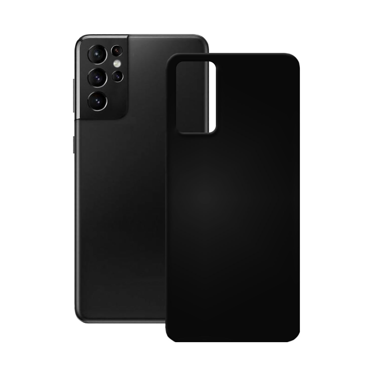 Schwarzes Smartphone mit schwarzer Hülle. Das Telefon hat mehrere Kameras.