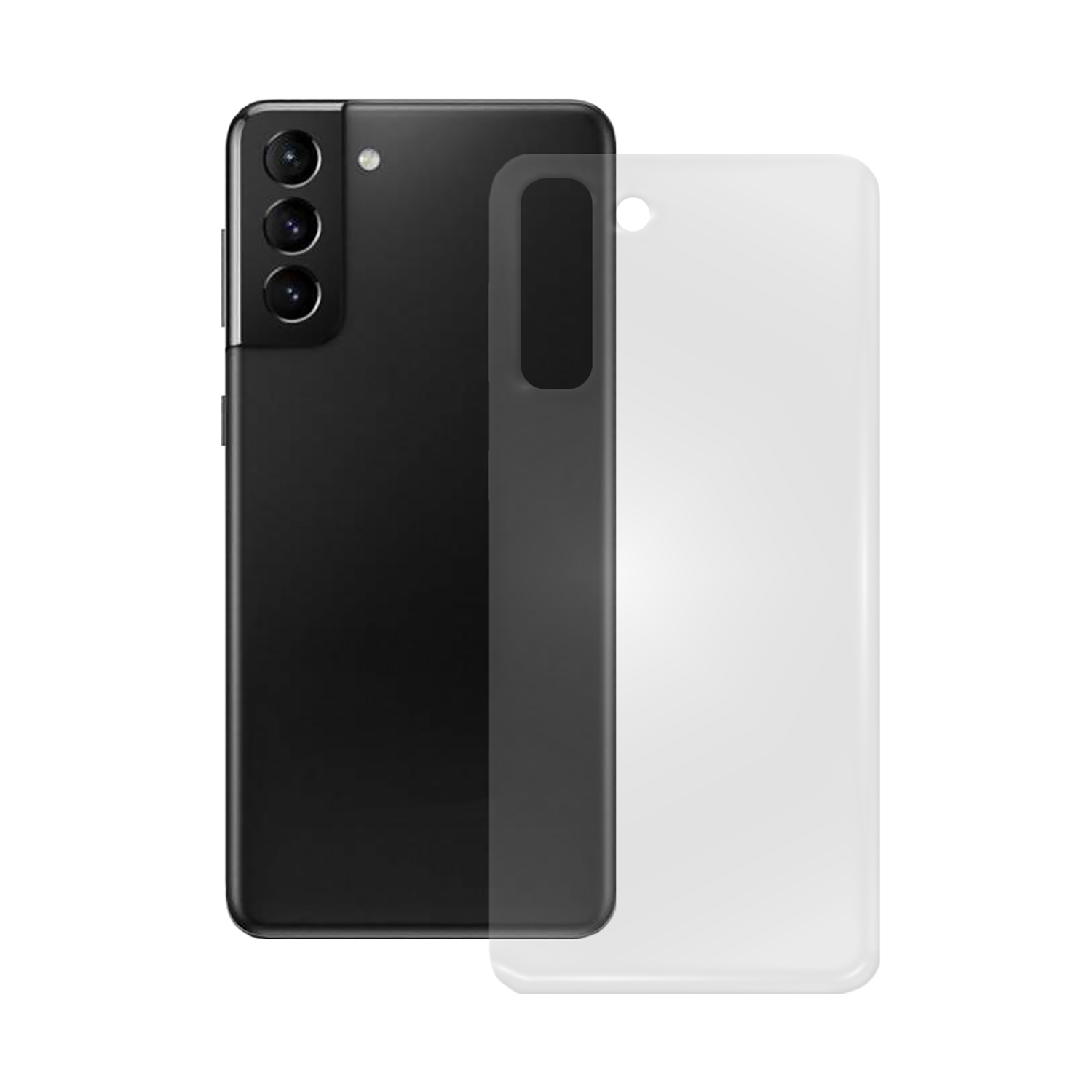 Schwarzes Smartphone mit Displayschutz, weißer Hintergrund.