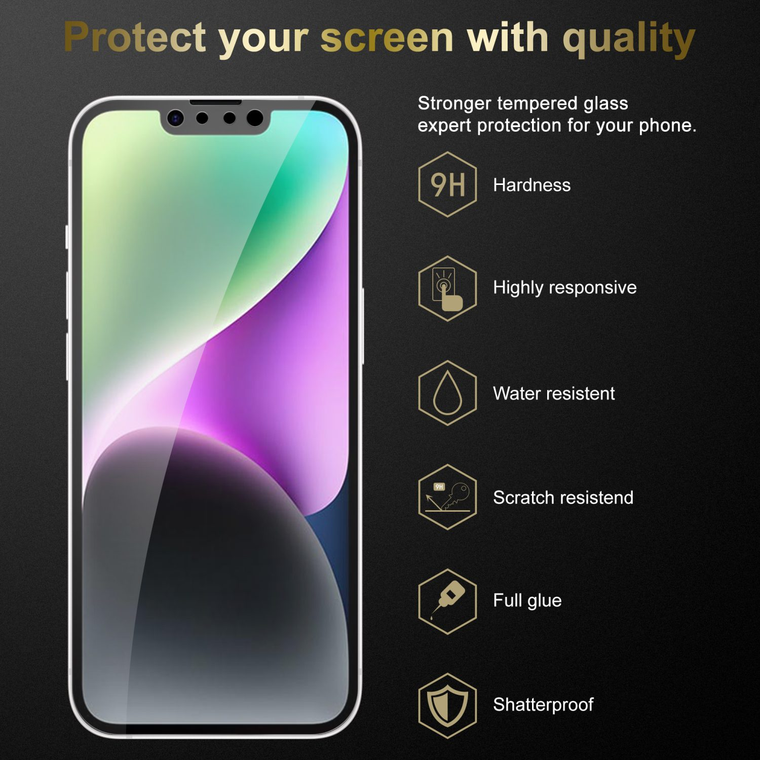 Un protecteur d'écran sur fond noir, avec des icônes et du texte. Téléphone à gauche.