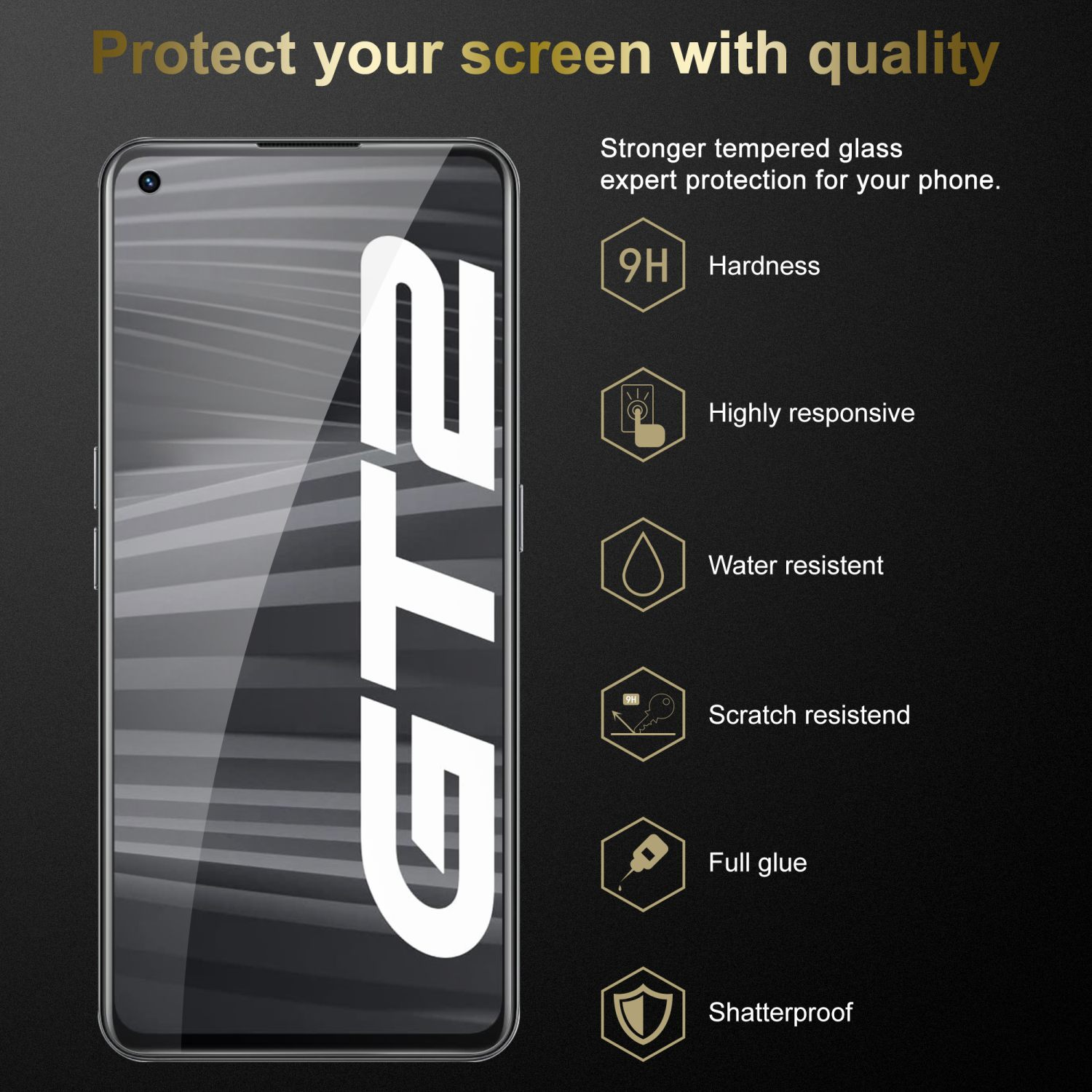 Un téléphone affichant des fonctionnalités de protection avec du texte et des icônes sur fond noir.