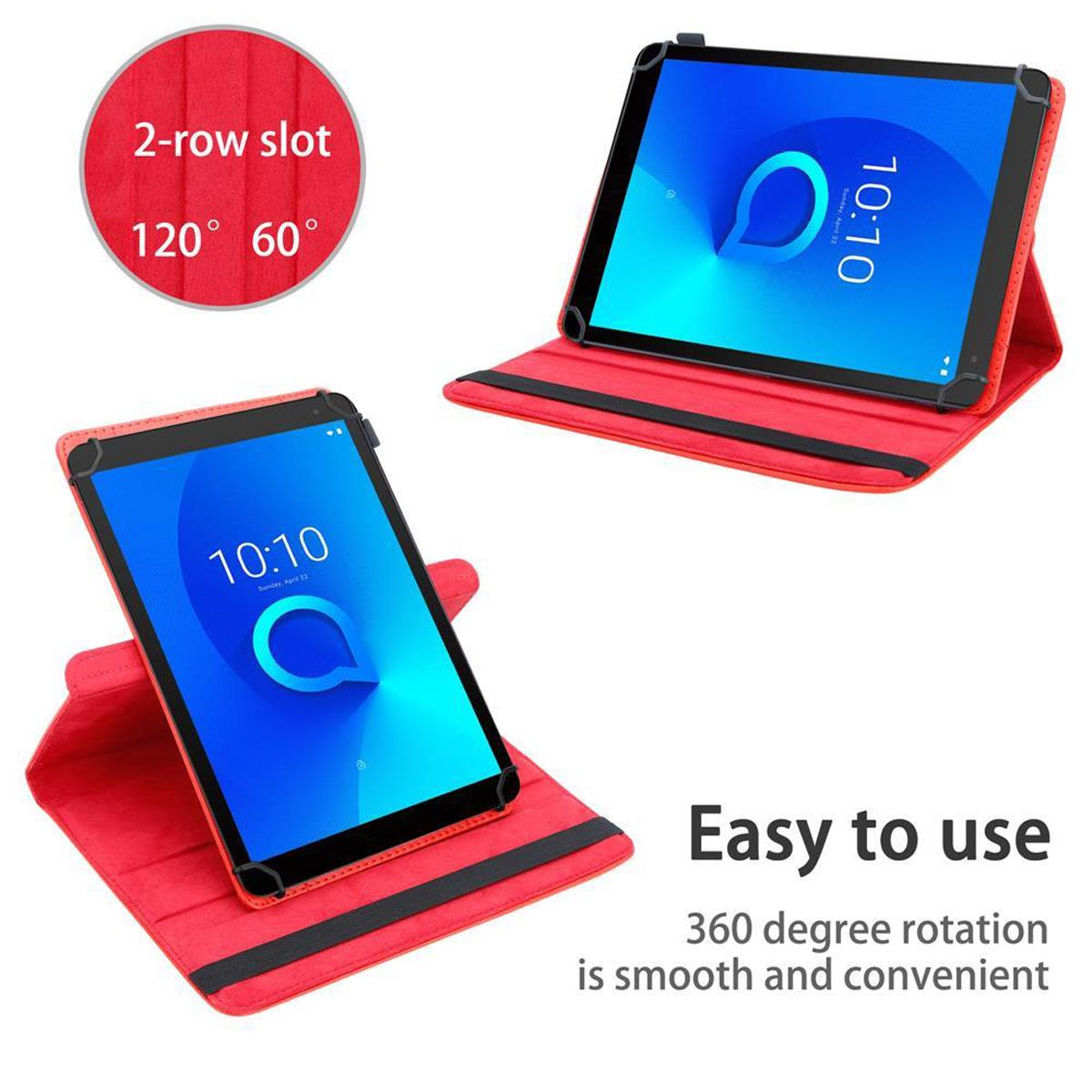 Rote Tablet-Hülle mit Tablet in zwei Positionen; roter Hintergrund. Text: Einfach zu bedienen.
