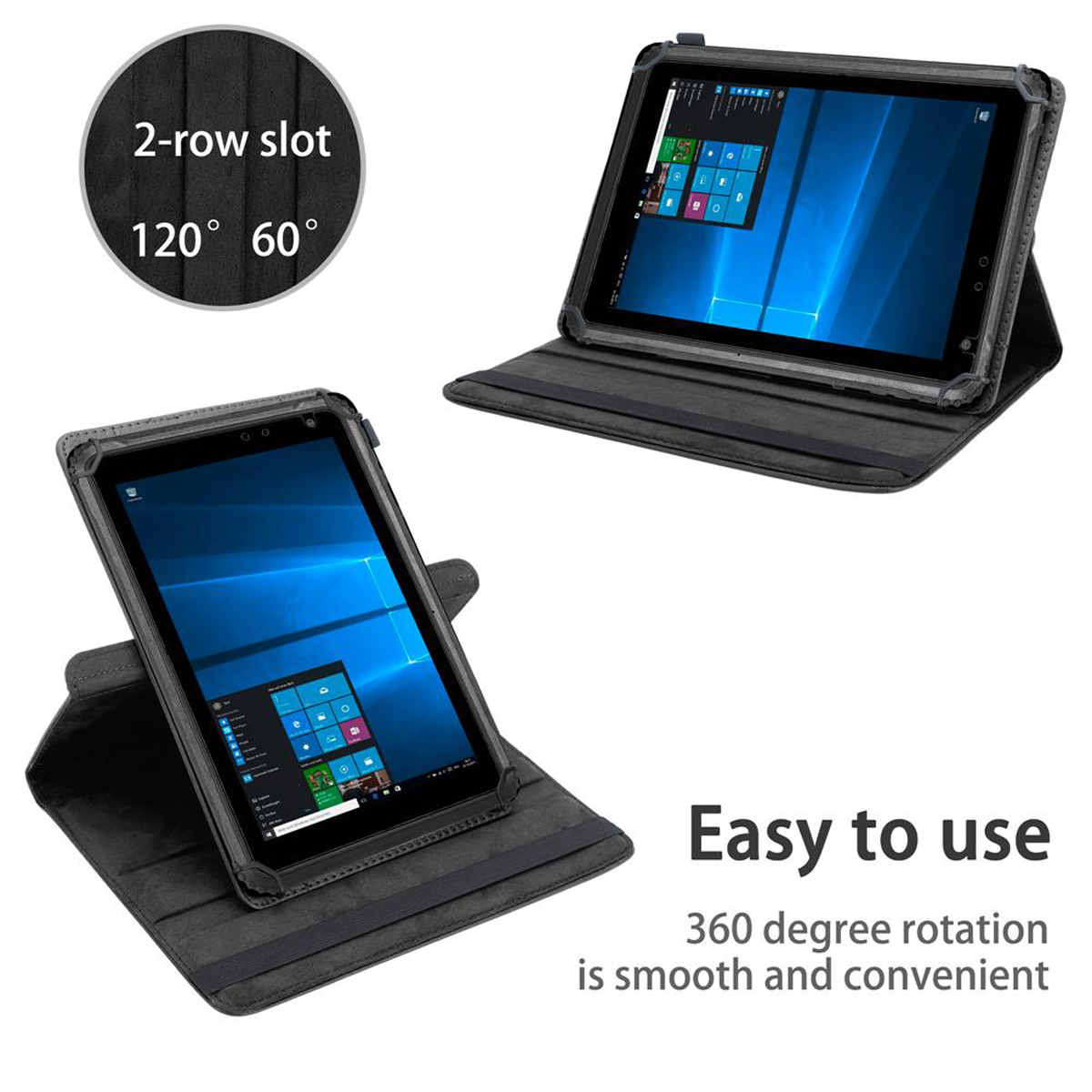 Tablet im Gehäuse. Text: 2-reihiger Schlitz 120°, 60°. Einfache Bedienung, 360° Drehung.