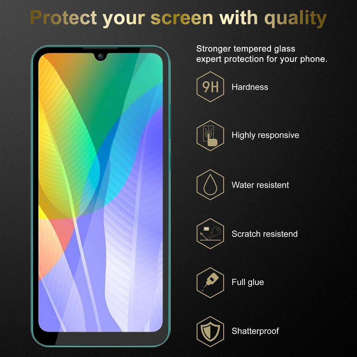 Un telefono con una protezione per lo schermo applicata, con icone che mostrano le caratteristiche.