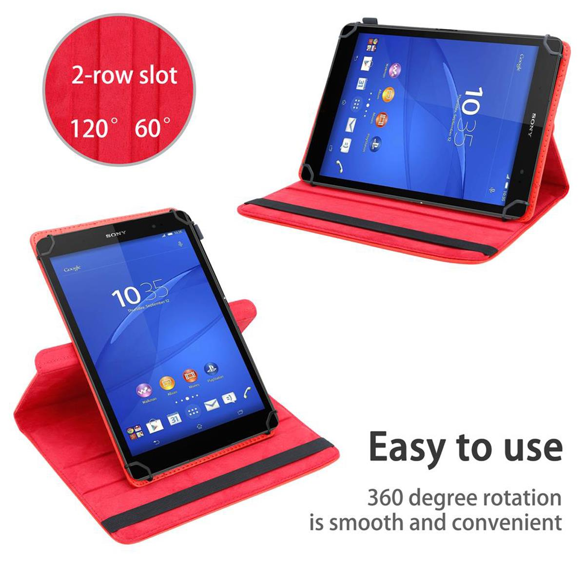 Funda roja para tableta con tableta dentro, mostrando interfaz.