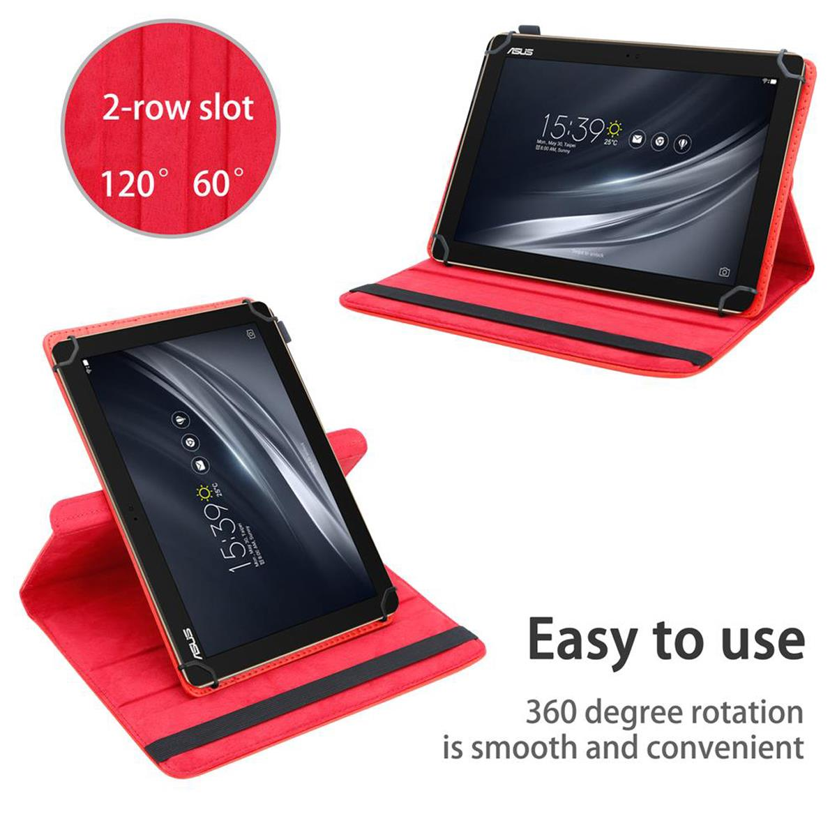 Rote Tablethülle mit Tablet. Die Hülle hat einen 2-reihigen Steckplatz. Das Tablet steht.