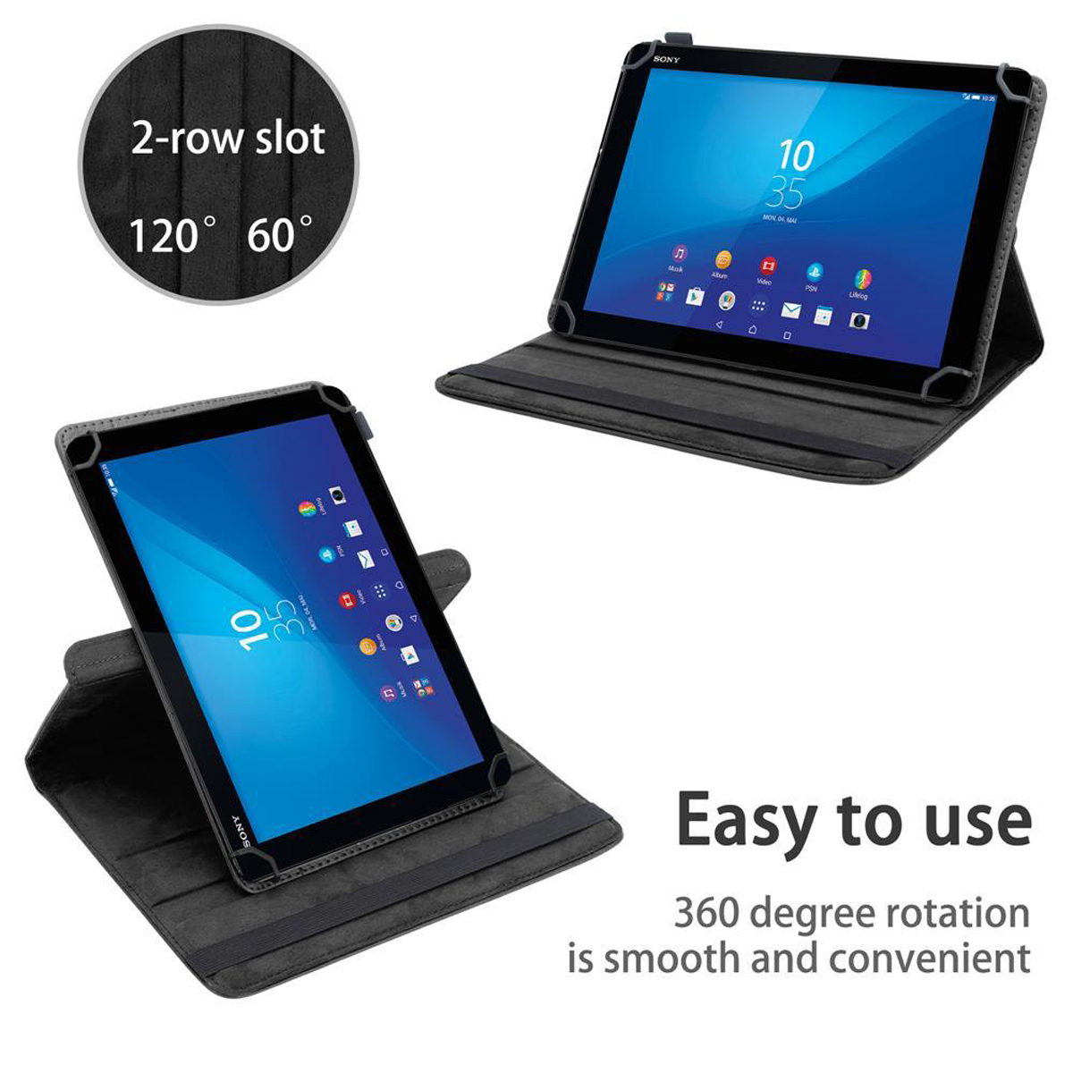 Zwei Tablets in Hüllen. Eines offen, eines geschlossen. Text: 'Einfach zu bedienen. 360-Grad-Drehung ist glatt'.