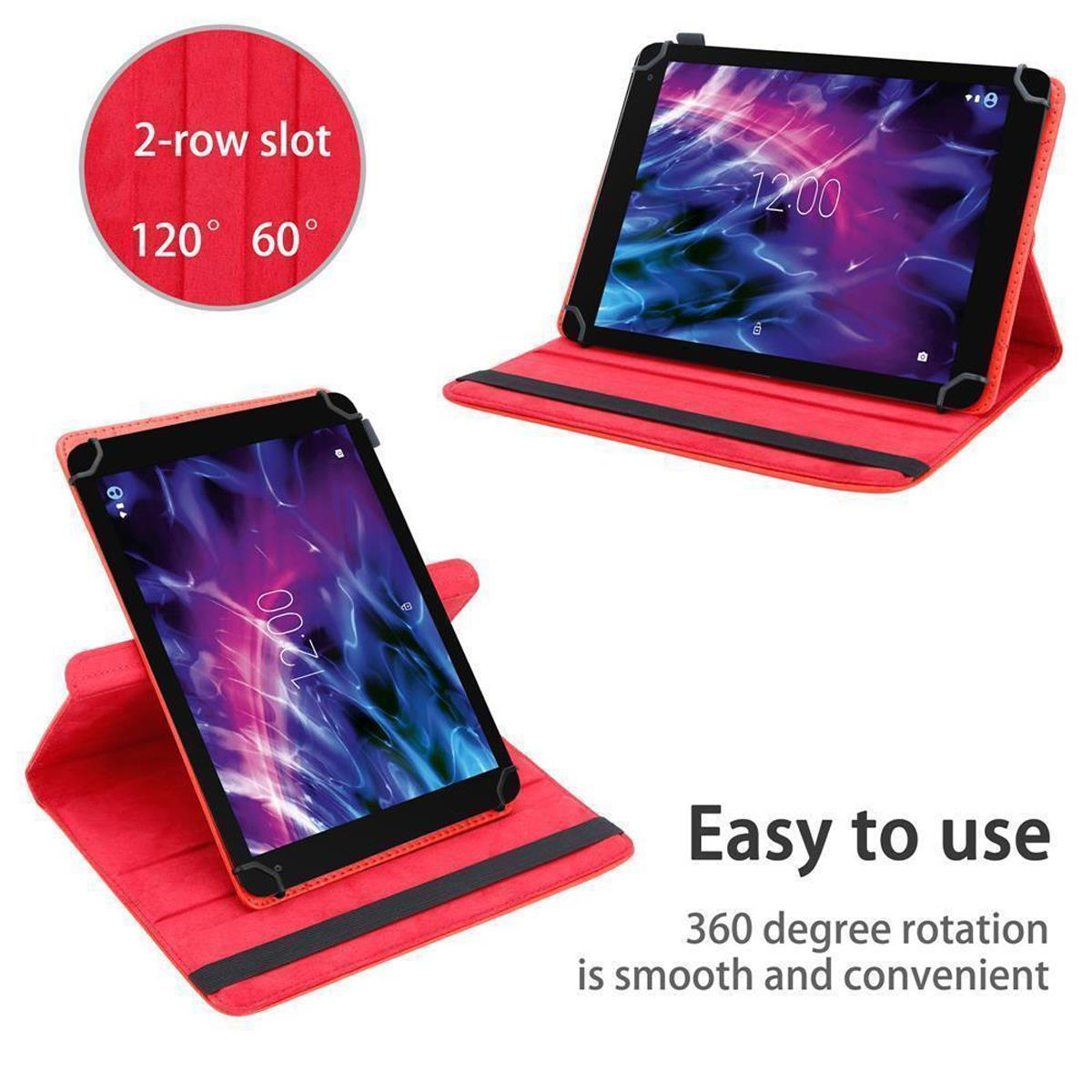 Rote Tablethülle mit Tablet. Text: 'Einfach zu bedienen. 360-Grad-Drehung.'