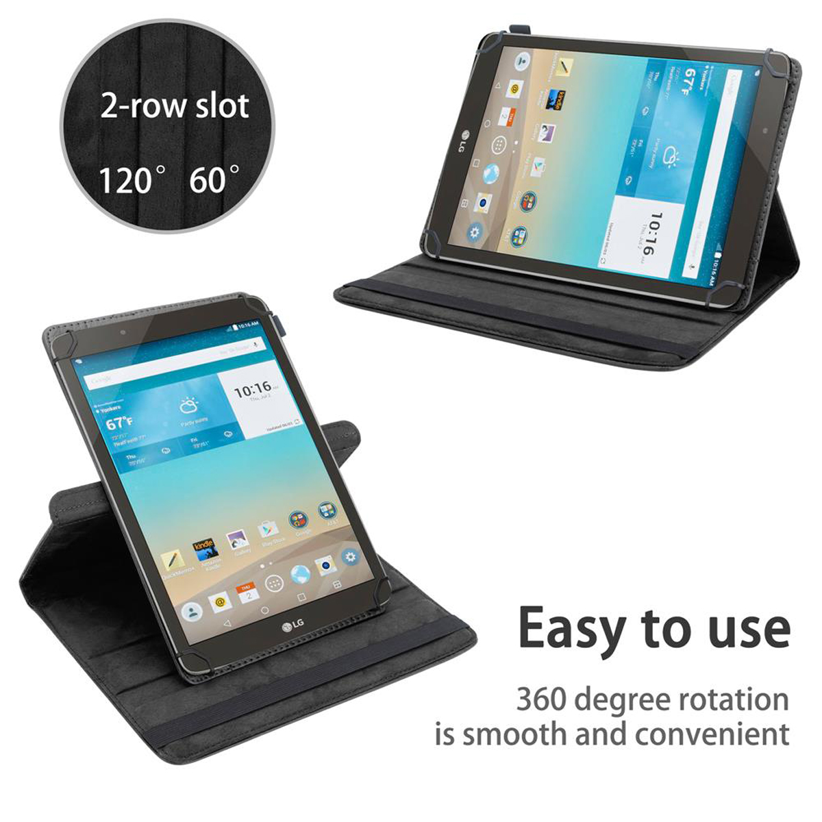 Zwei Tablets in Hüllen. Eines zeigt einen Bildschirm, das andere ist geöffnet. Text sagt, Einfach zu bedienen.