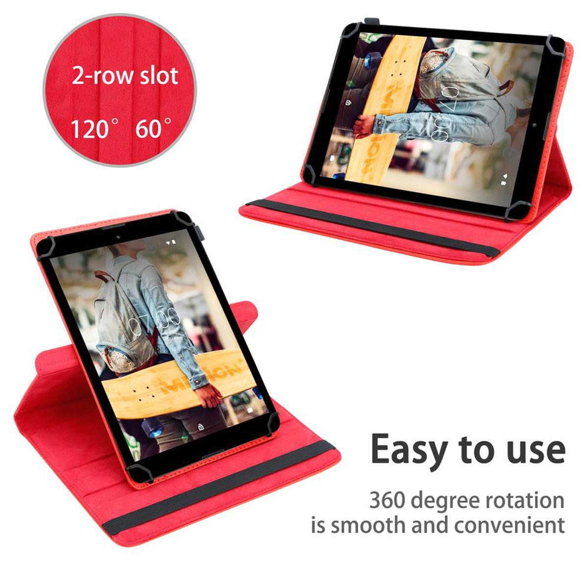 Rote Tablethülle mit zwei Tablets, mit Bildern auf den Bildschirmen und einem roten Ständer mit Text.
