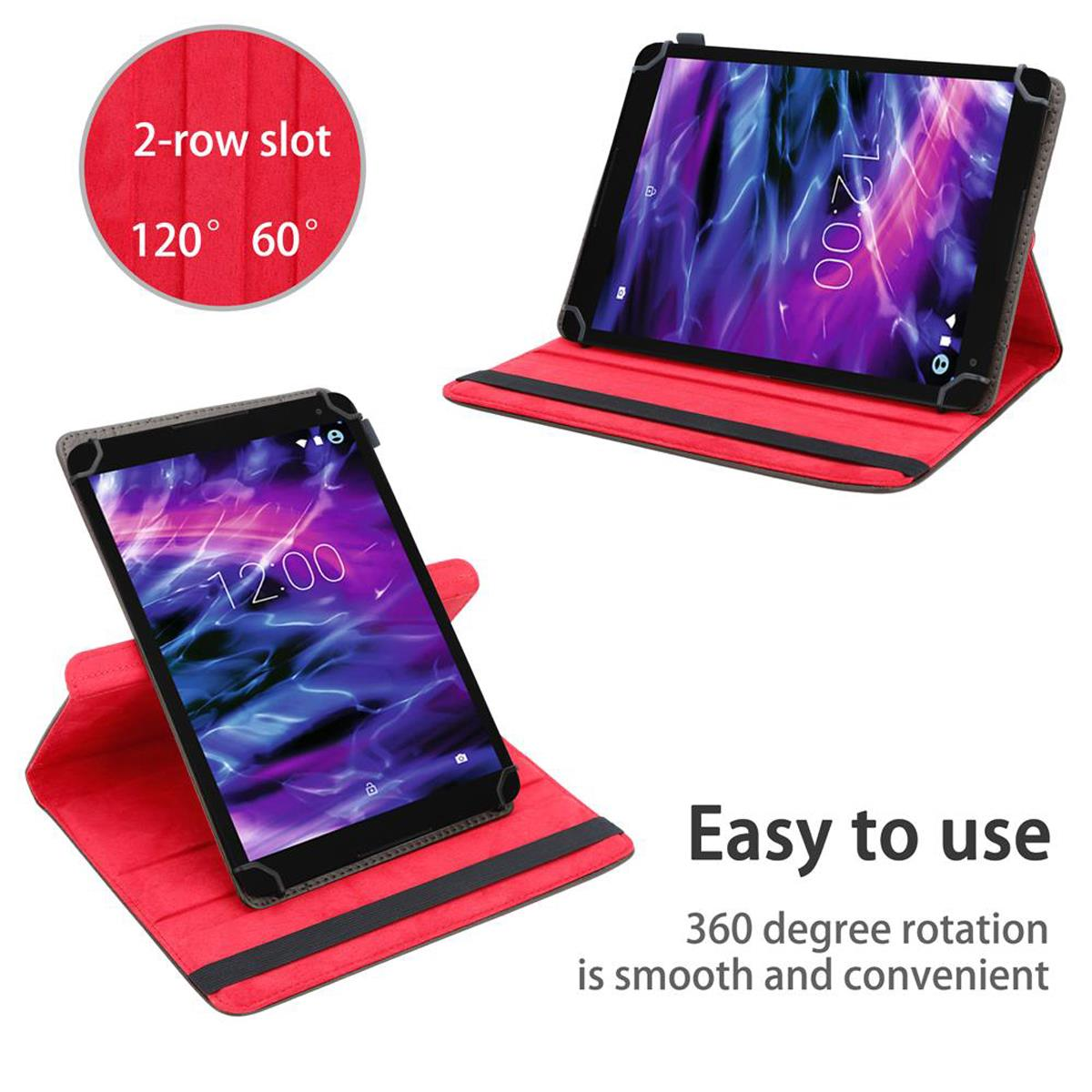 Tablets in roten Hüllen, abgewinkelt und zum Betrachten aufgestellt, mit Text.