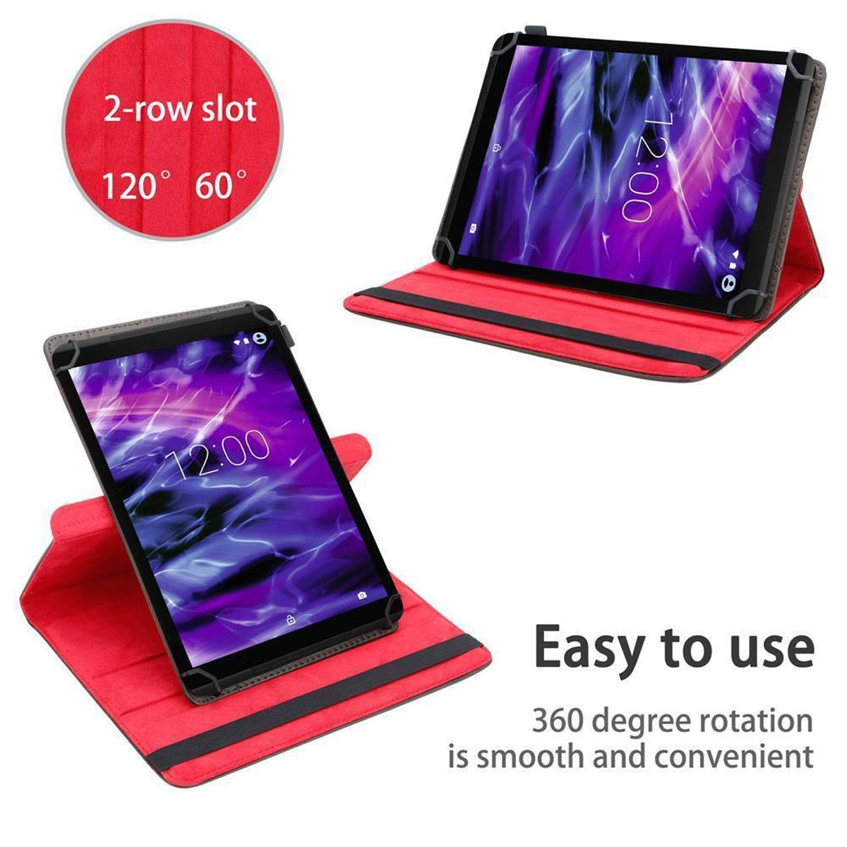 Tablet in roter Hülle, in verschiedenen Winkeln dargestellt. Einfache Bedienung.