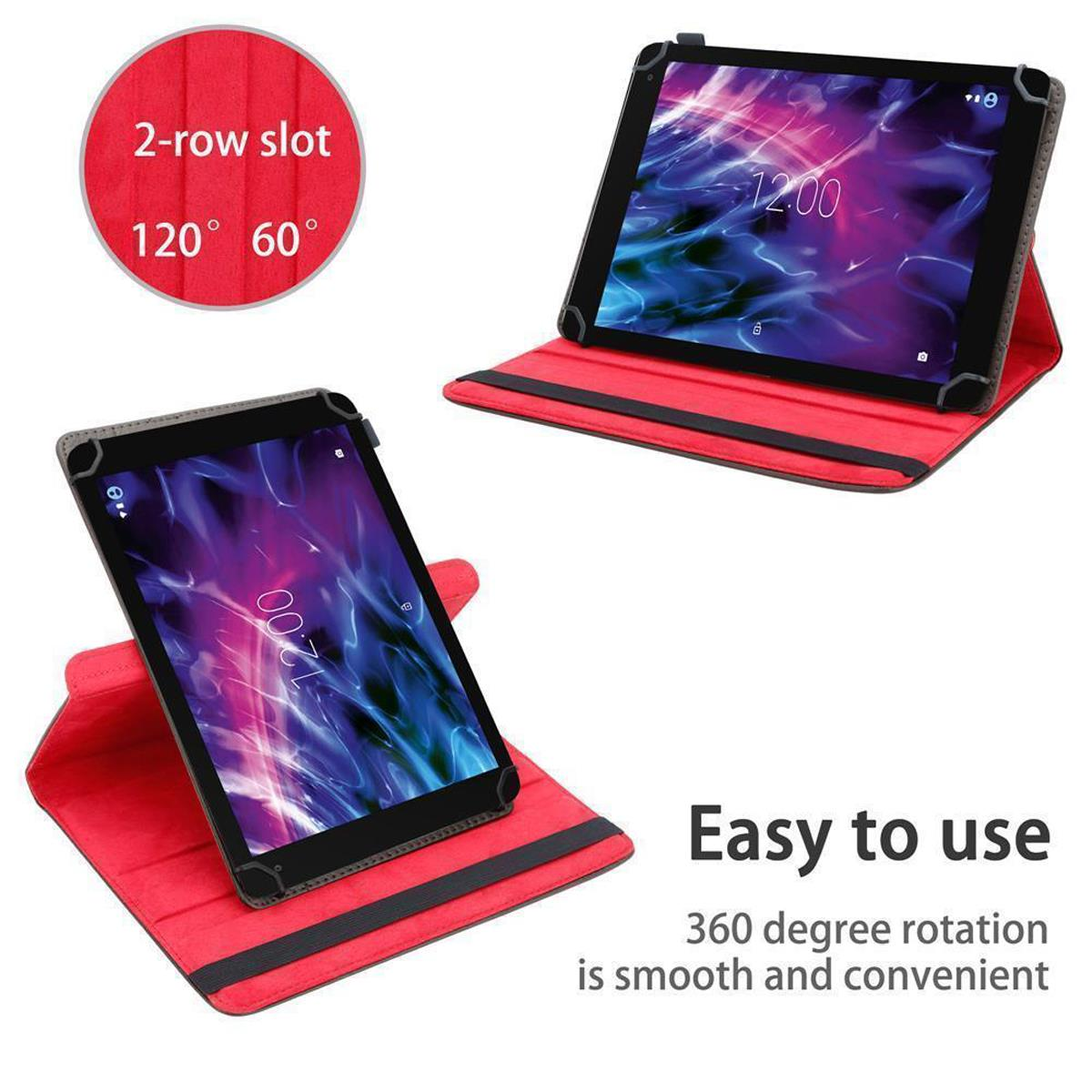 Zwei Tablets in roten Hüllen. Eins zeigt die Uhrzeit. Text: Einfach zu bedienen. 360° Drehung.