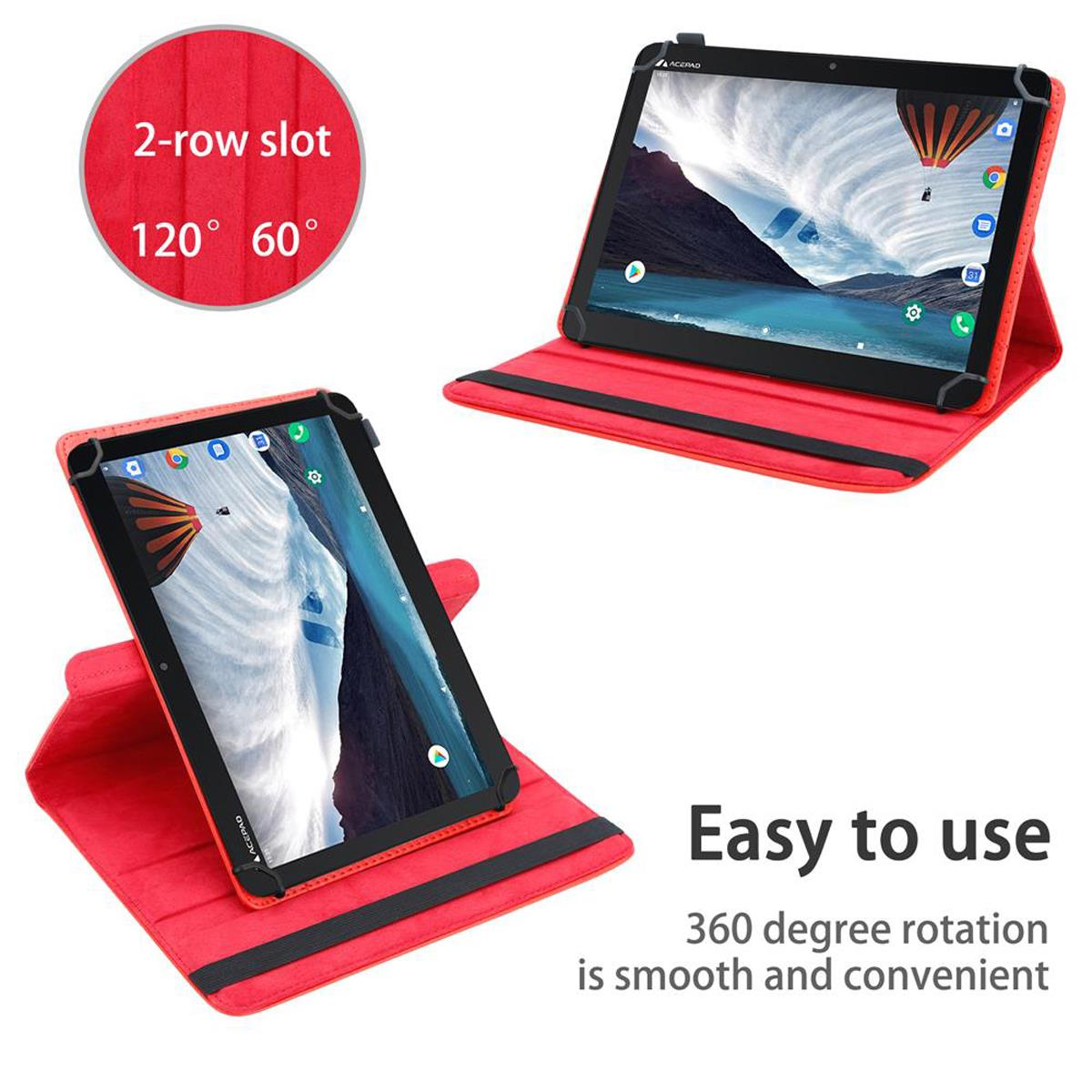 Zwei Tablets in roten Hüllen. Text: 'Einfach zu bedienen' und '360-Grad-Drehung'.