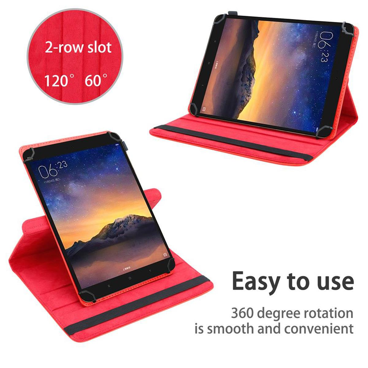 Tablets in roten Hüllen, abgewinkelt und zum Betrachten aufgestellt, mit Text.