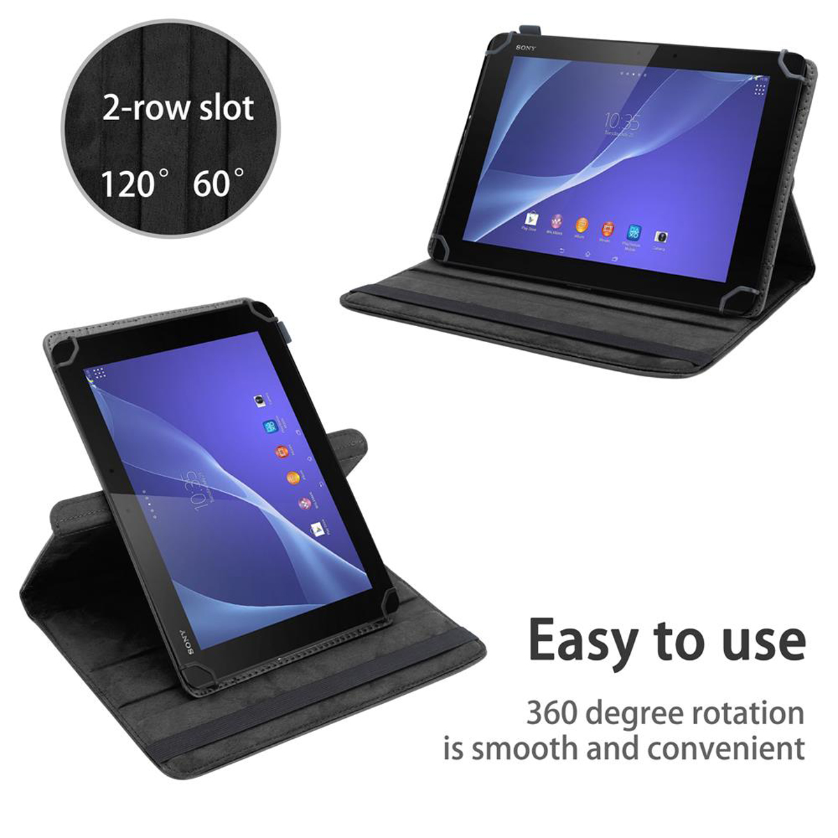 Tablets in Hüllen, schwarz. Eine offen, eine geschlossen. Einfach zu bedienen, 360-Grad-Drehung ist glatt und bequem.