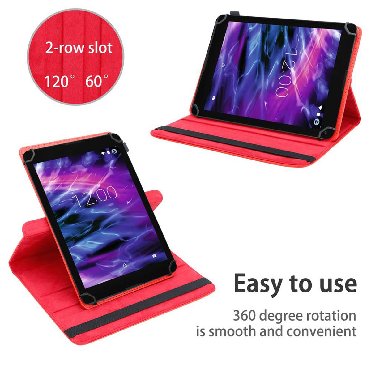 Rotes Tablet in roter Hülle, mit Text 'Einfach zu bedienen'. Die Hülle ermöglicht eine 360-Grad-Drehung.