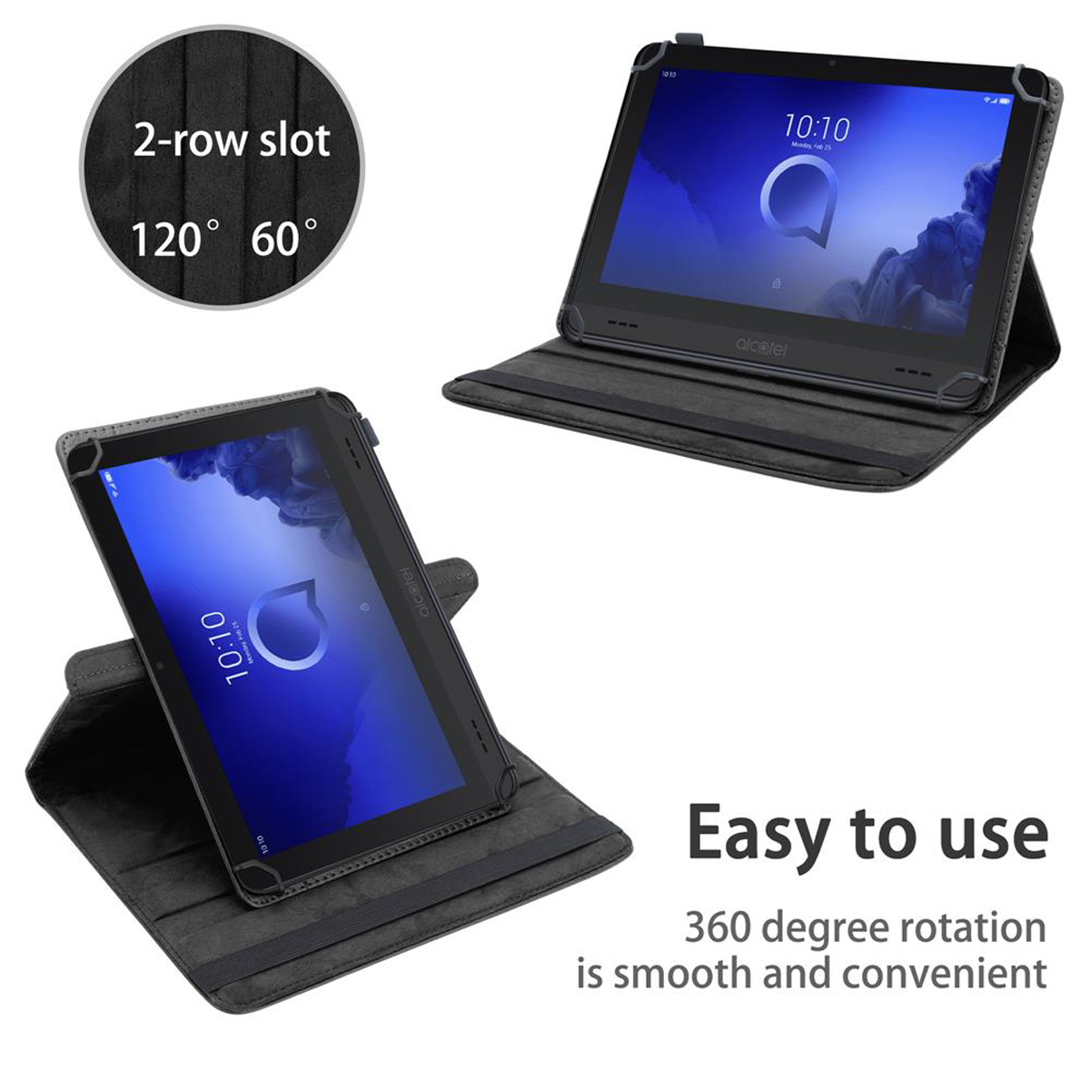 Zwei Tablets in Hüllen. Die Hüllen sind grau. Ein Tablet zeigt einen blauen Bildschirm. Isoliert auf Weiß.