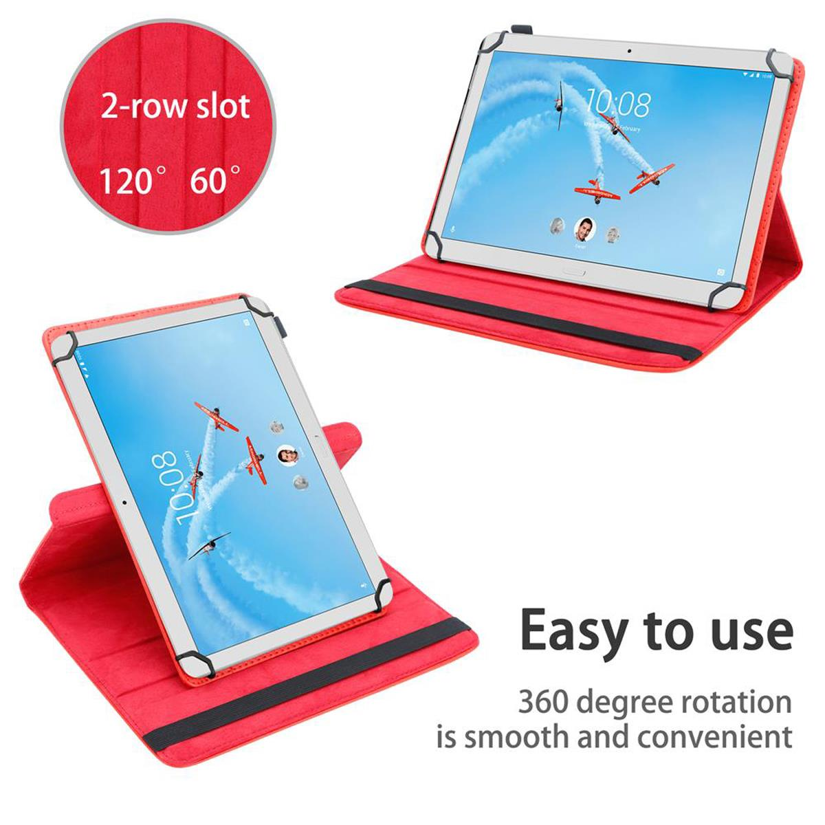 Rote Tablethülle mit Tablet-Anzeige. Tablet in zwei Positionen mit roter Basis.