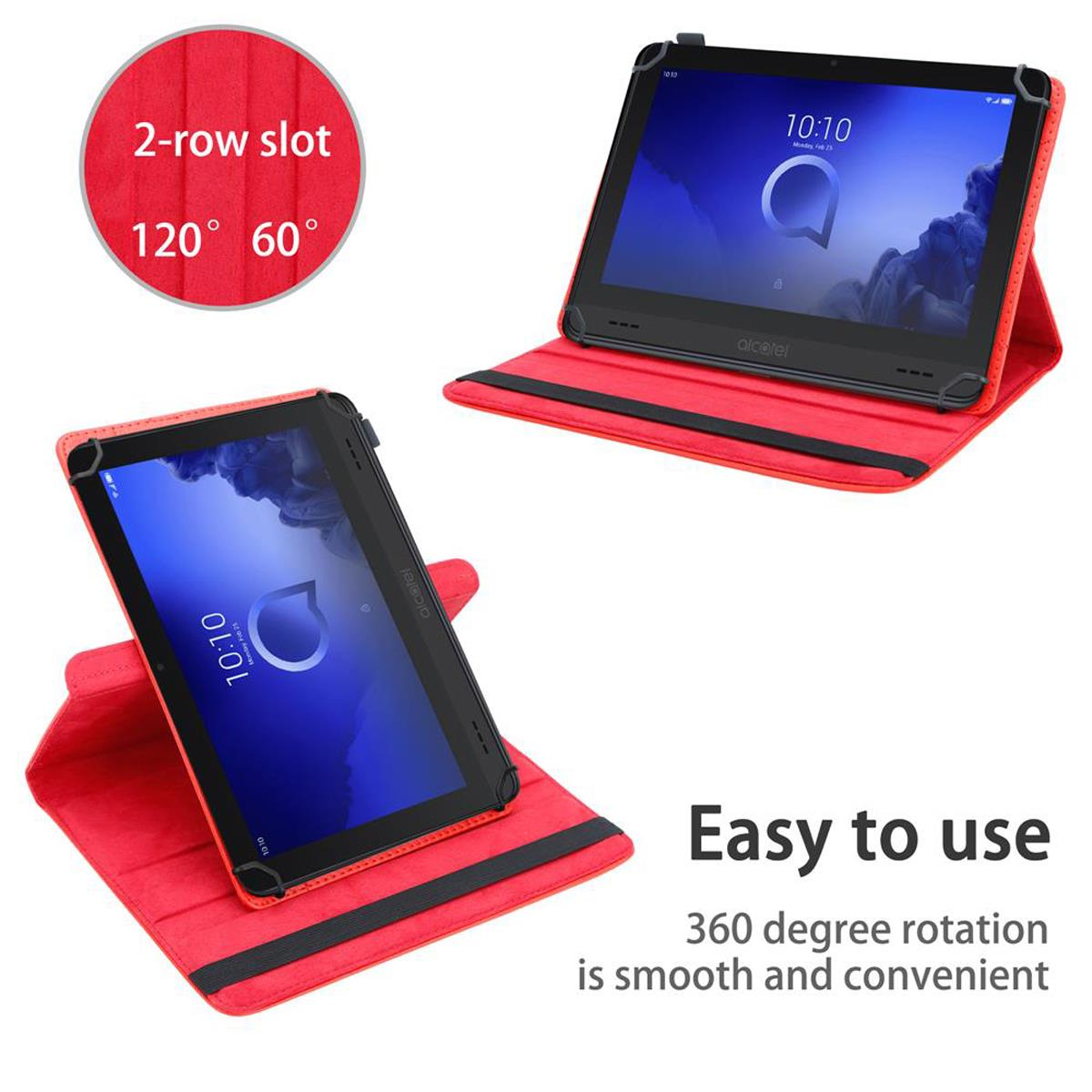 Rote Tablethülle mit Tablet. Die Hülle hat einen 2-reihigen Steckplatz. Das Tablet steht.