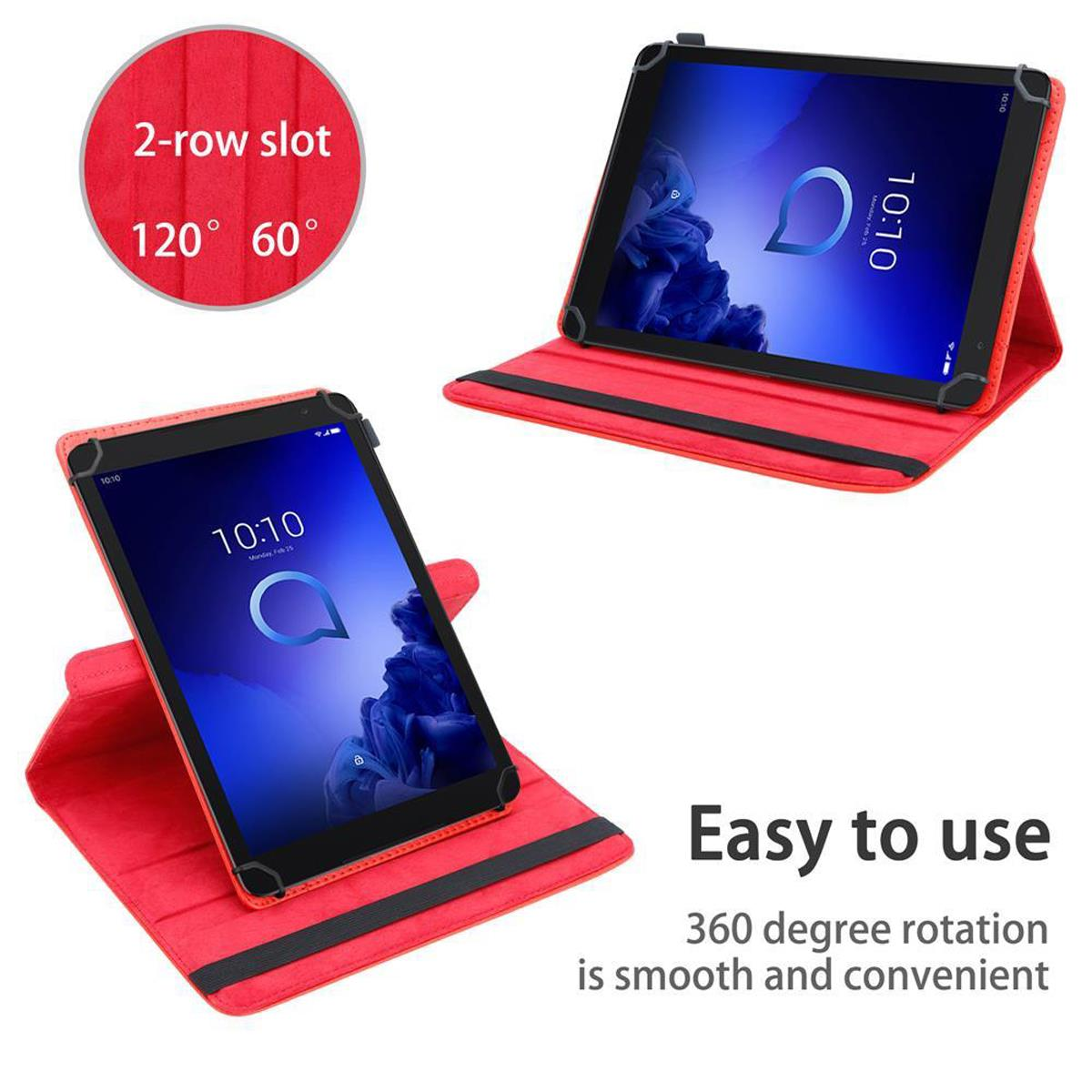 Zwei Tablet-Hüllen, eine rot, eine offen, mit einem Tablet mit schwarzem Bildschirm.