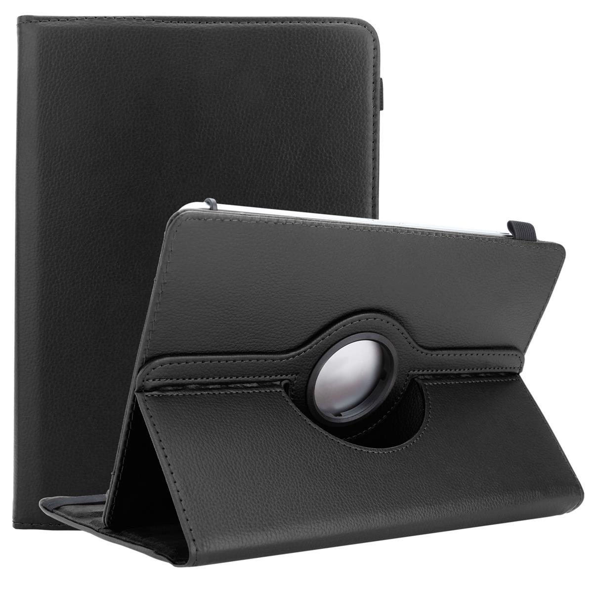 Schwarze Tablet-Hülle, zeigt das Tablet im Ständer. Die Hülle sieht nach Leder aus.