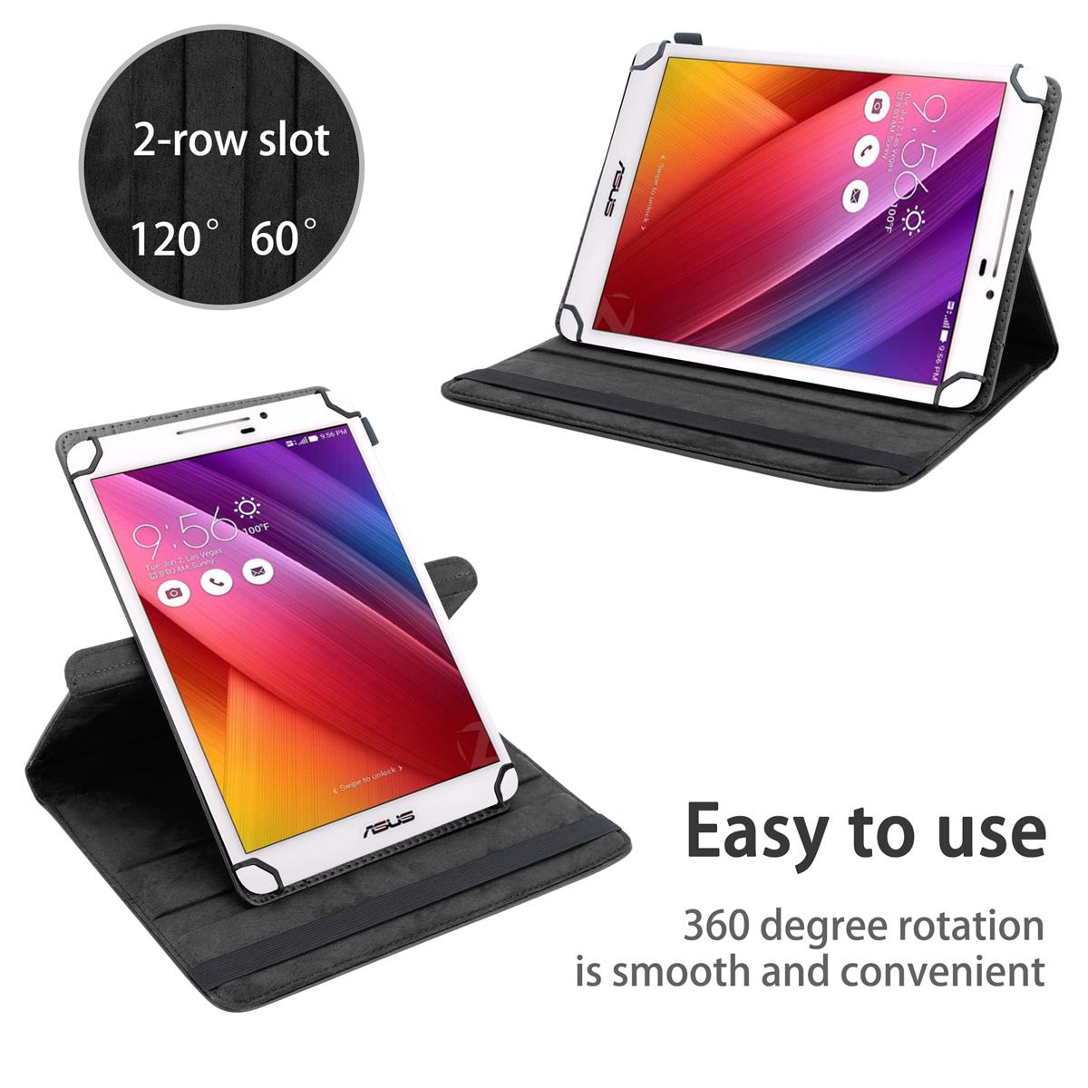 Zwei Tablets in schwarzen Hüllen. Eines in Gebrauch, zeigt einen Bildschirm. Text: 'Einfach zu bedienen'. 360-Grad-Drehung.